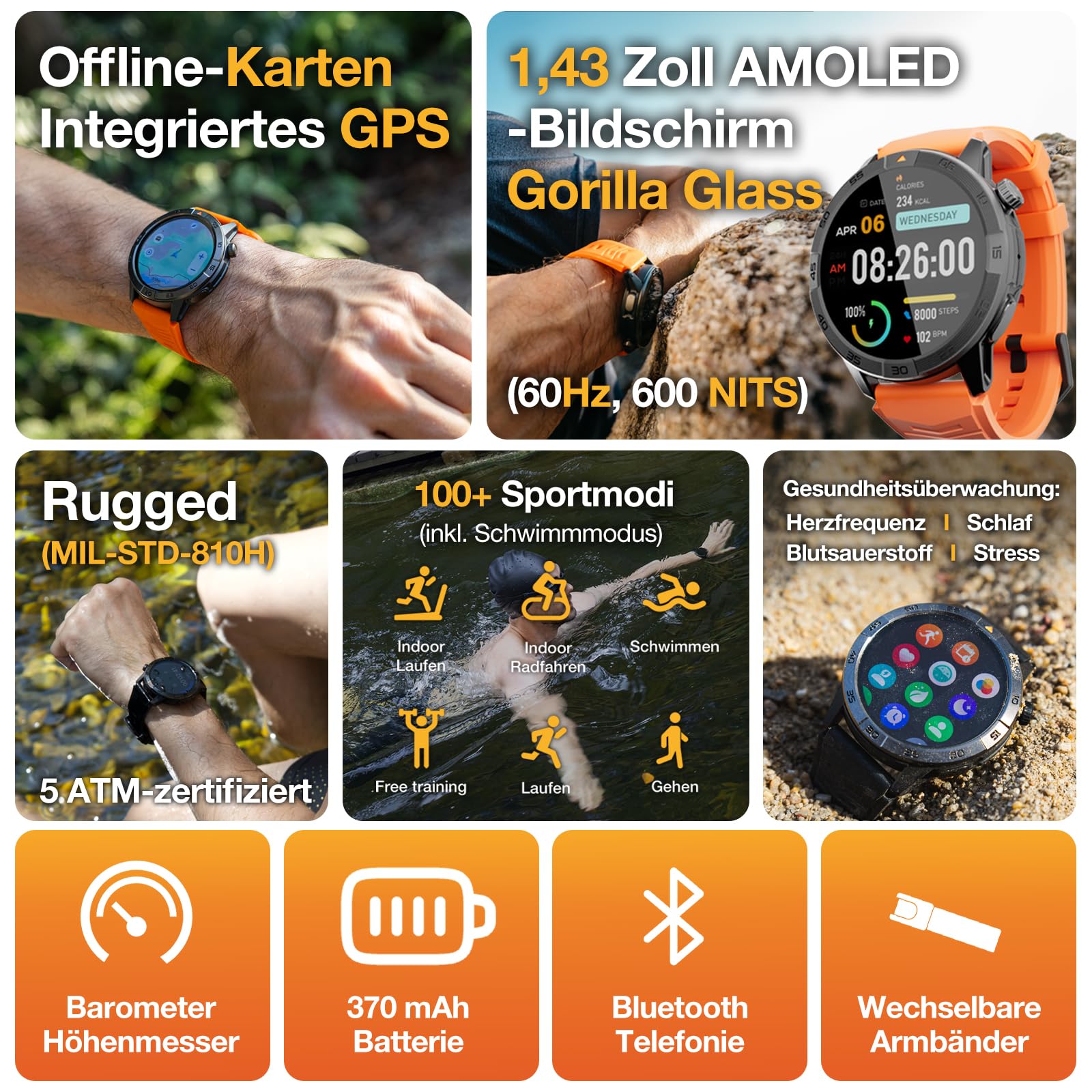 AGM Legion Pro Militär Smartwatch Herren, Robuste Fitnessuhr Wasserdicht 5ATM, 1,43" AMOLED Outdoor Sportuhr mit GPS, Offline-Karten für Routenaufzeichnung, MIL-STD-810H, Anrufe, 2 Armbänder