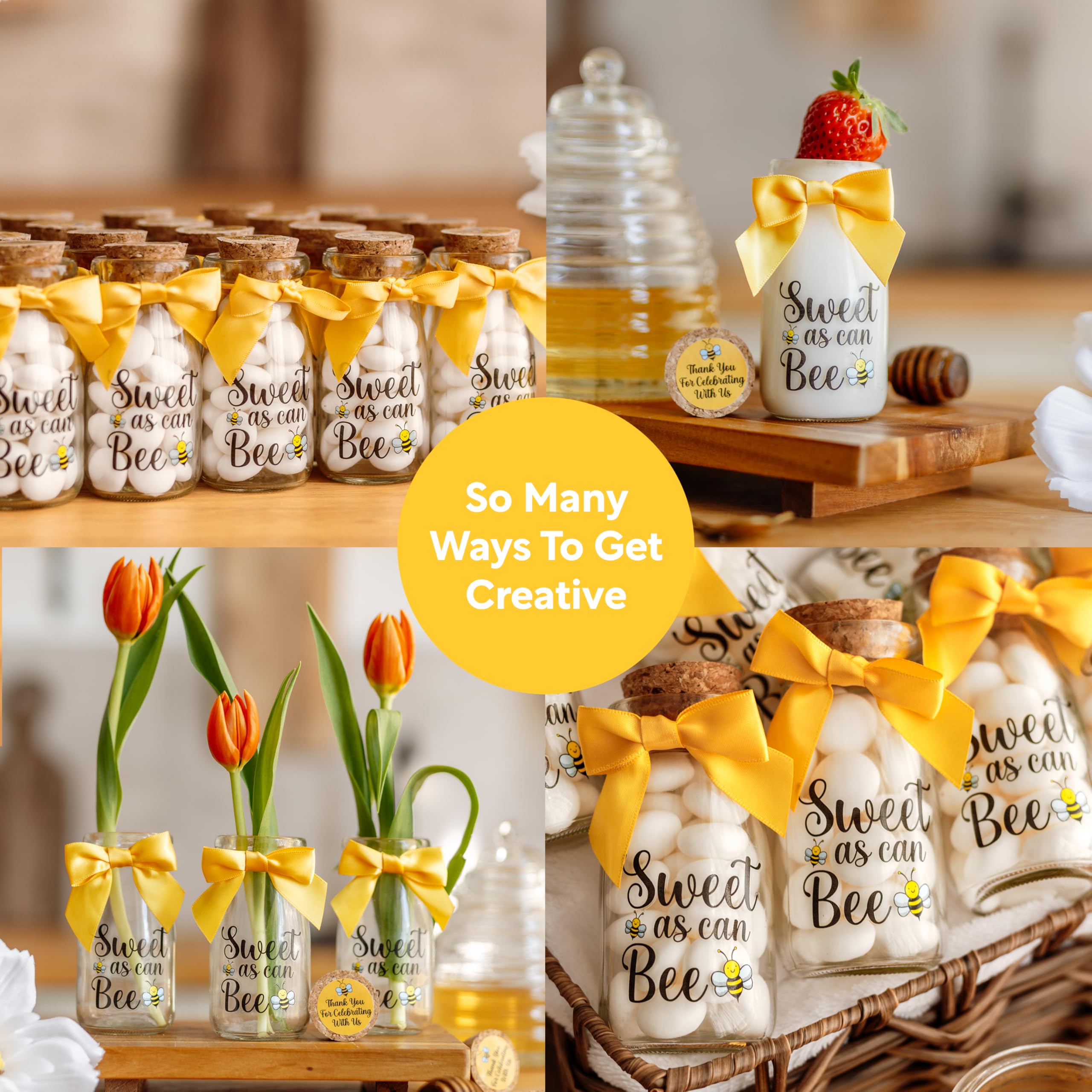 Ethisa Szklane butelki ze wstążkami i naklejkami w stylu vintage, baby shower, pamiątka urodzinowa dla gości, dekoracja stołu, słoik na cukierki, 24 szt., Sweet As Can Bee