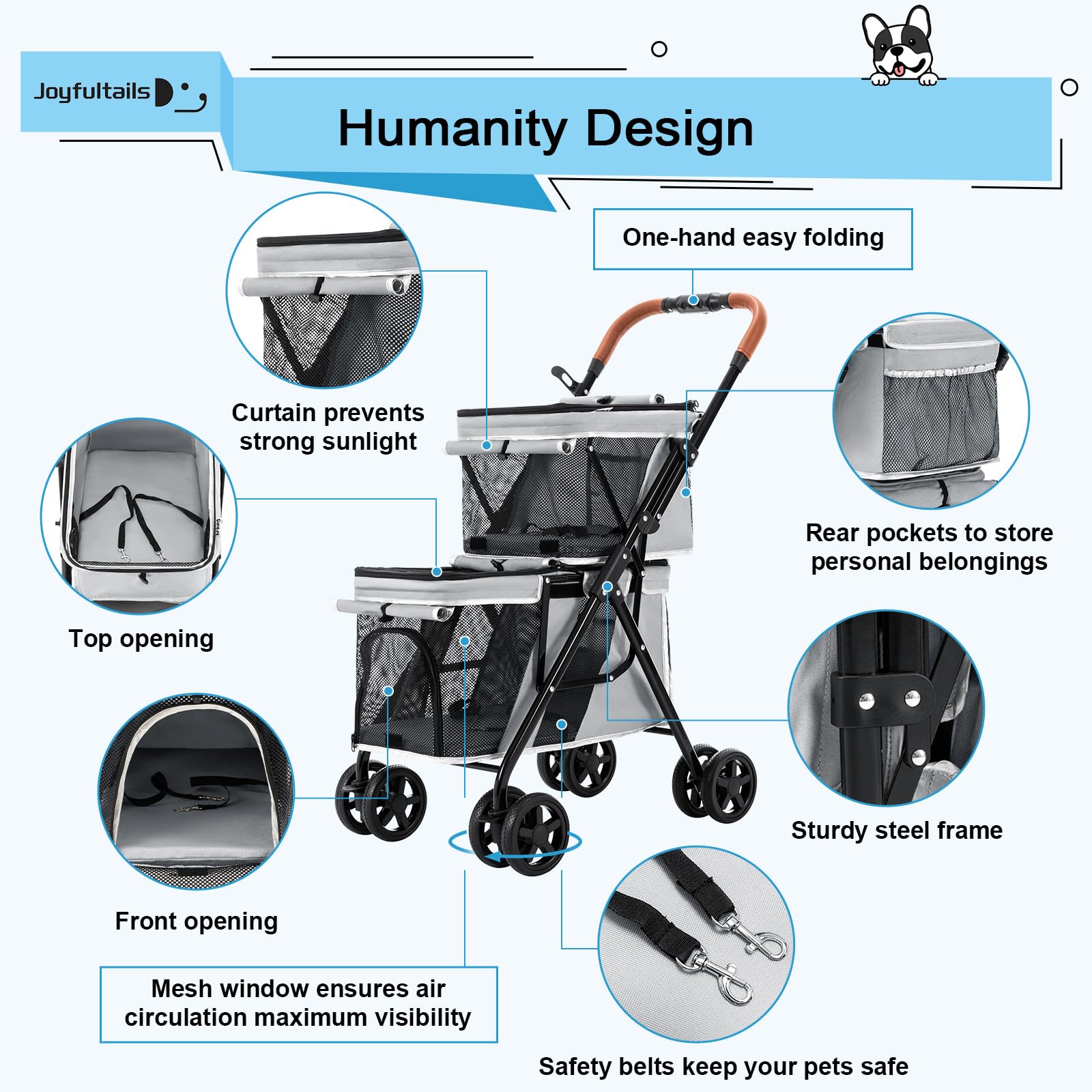 Hundebuggy Faltbar, Hundewagen Haustier Kinderwagen Hundebox Klappbar, Haustiere Buggy Geeignet für kleine Hunde und Katzen unter 20 kg (Grau)