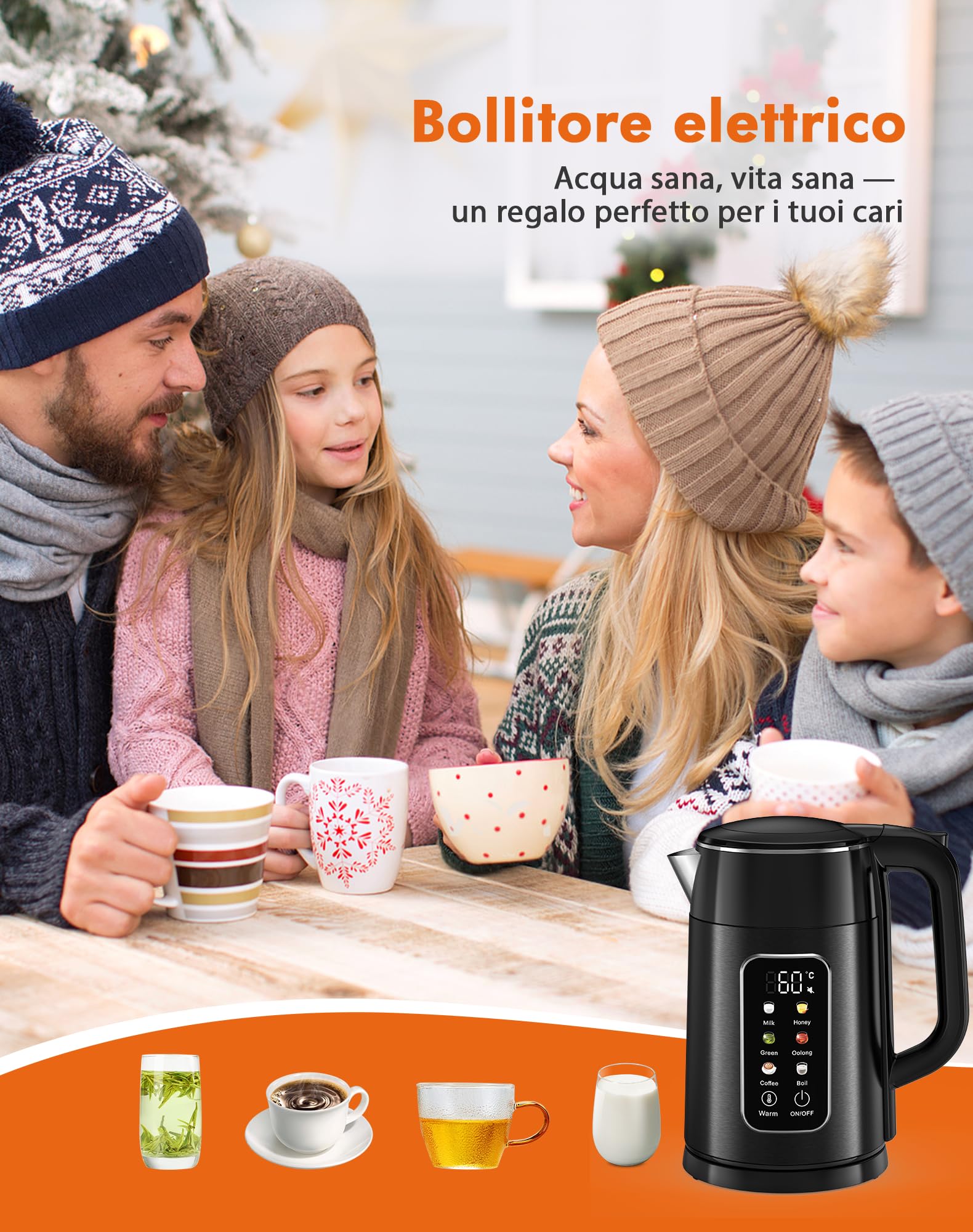 Bollitore Elettrico con Temperatura Regolabile, 2200W 1.7L, 6 Programmi Preimpostati, Acciaio Inox 304, Senza BPA, Display LED, Funzione Mantieni Caldo 2H, Base 360°, Nero (Nero)