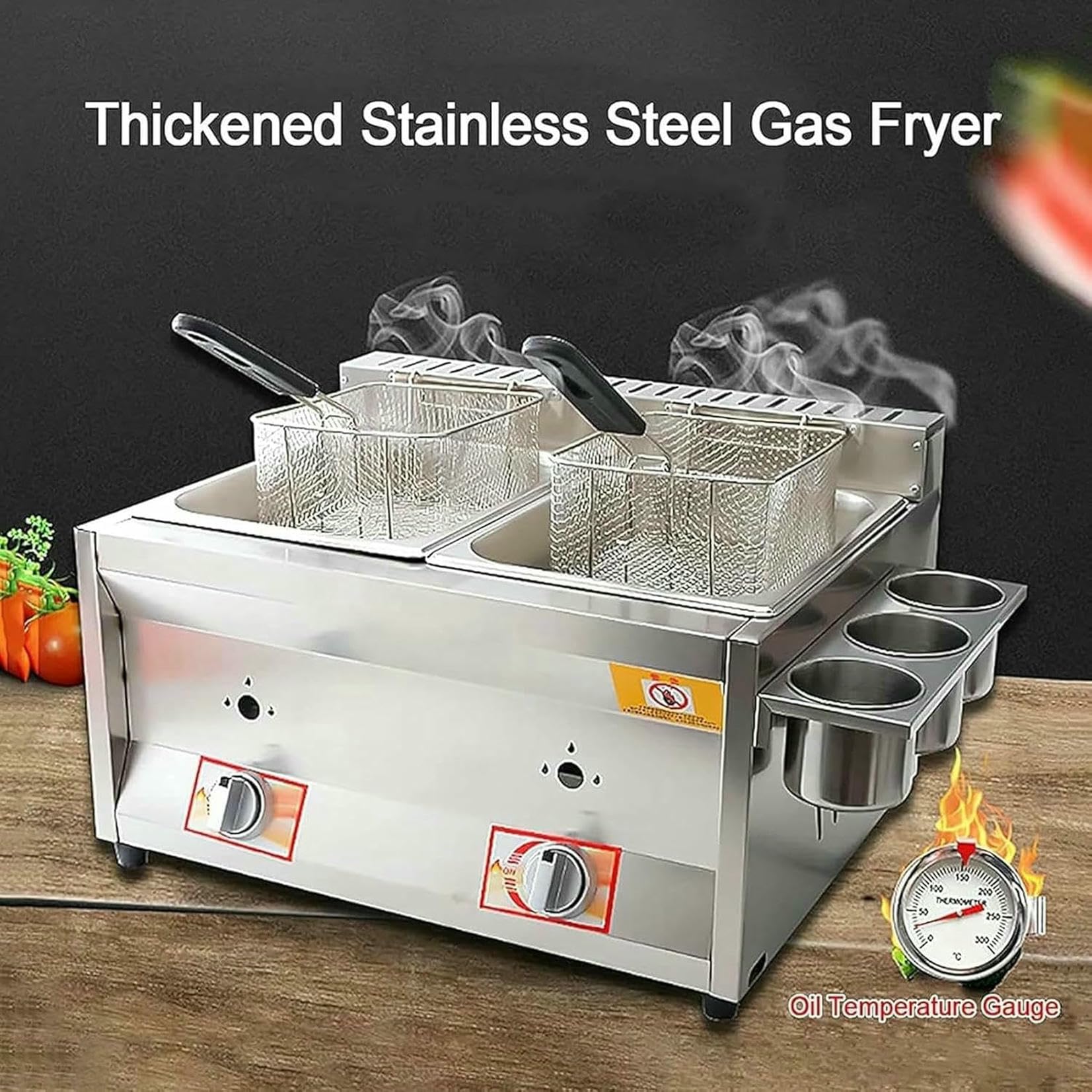 Cesta para freidora de grasa comercial, freidora de gas comercial, 10L*2, máquina para freír de doble olla profunda de baja presión de acero inoxidable para encimera, cestas y tapas para freír ~/