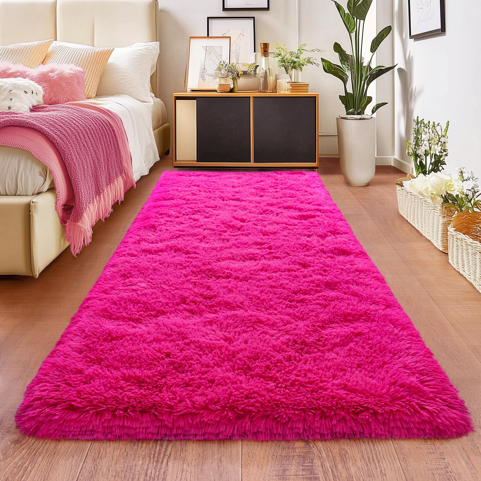 iEvery Hot Pink Rugs for Girls Bedroom 80x150 cm - Fluffy Shaggy Beside Rug Non-Slip, Soft High Pile Modern Floor Carpet for Living Room Lounge Playroom Kids Room