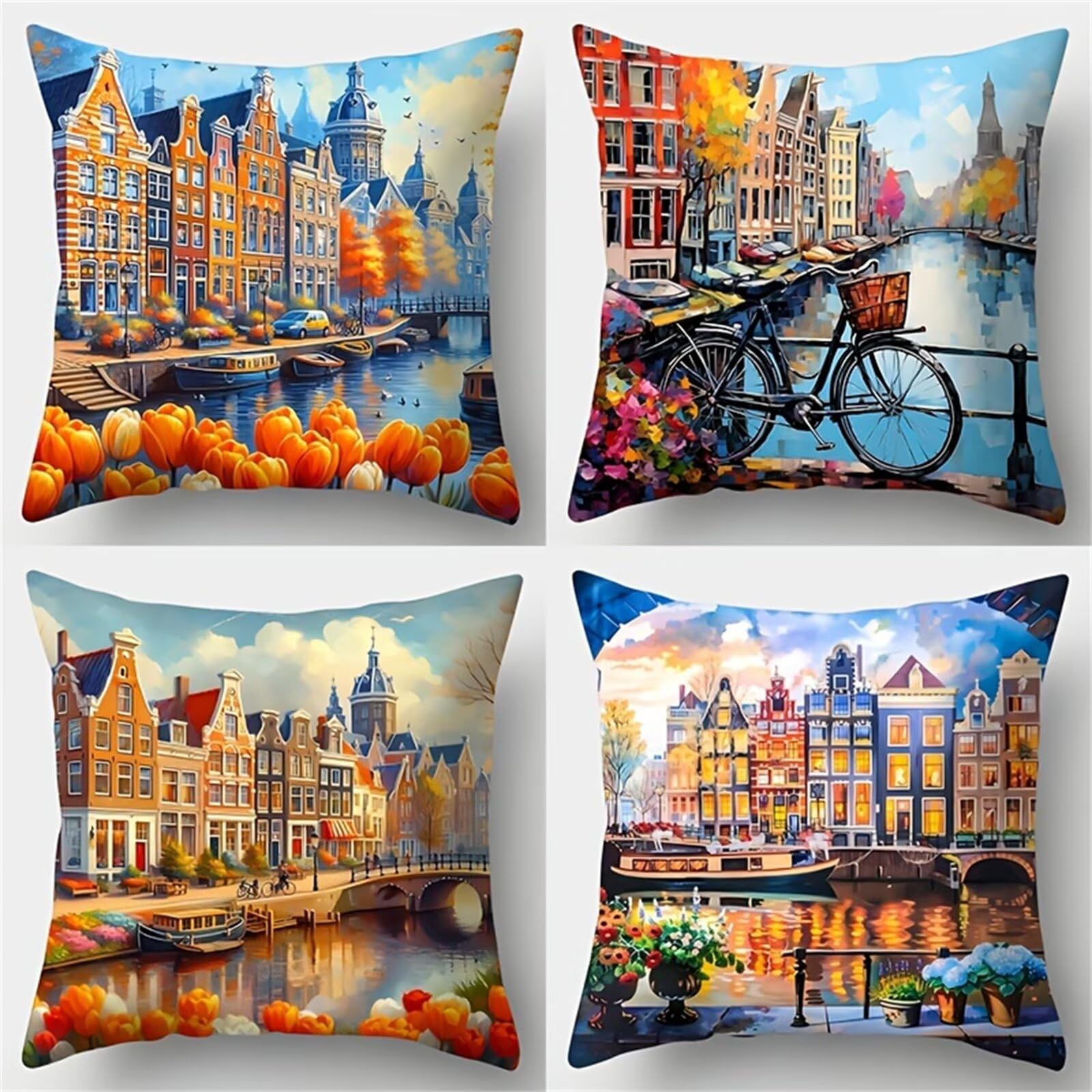 Funda de Cojines 45x45 cm, Juego de 4 Fundas Cojines Estampado Tulipanes Ciudad, Doble Cara, Decorativa Funda Almohada Lino para Dormitorio, Oficina, Jardín y Sofá
