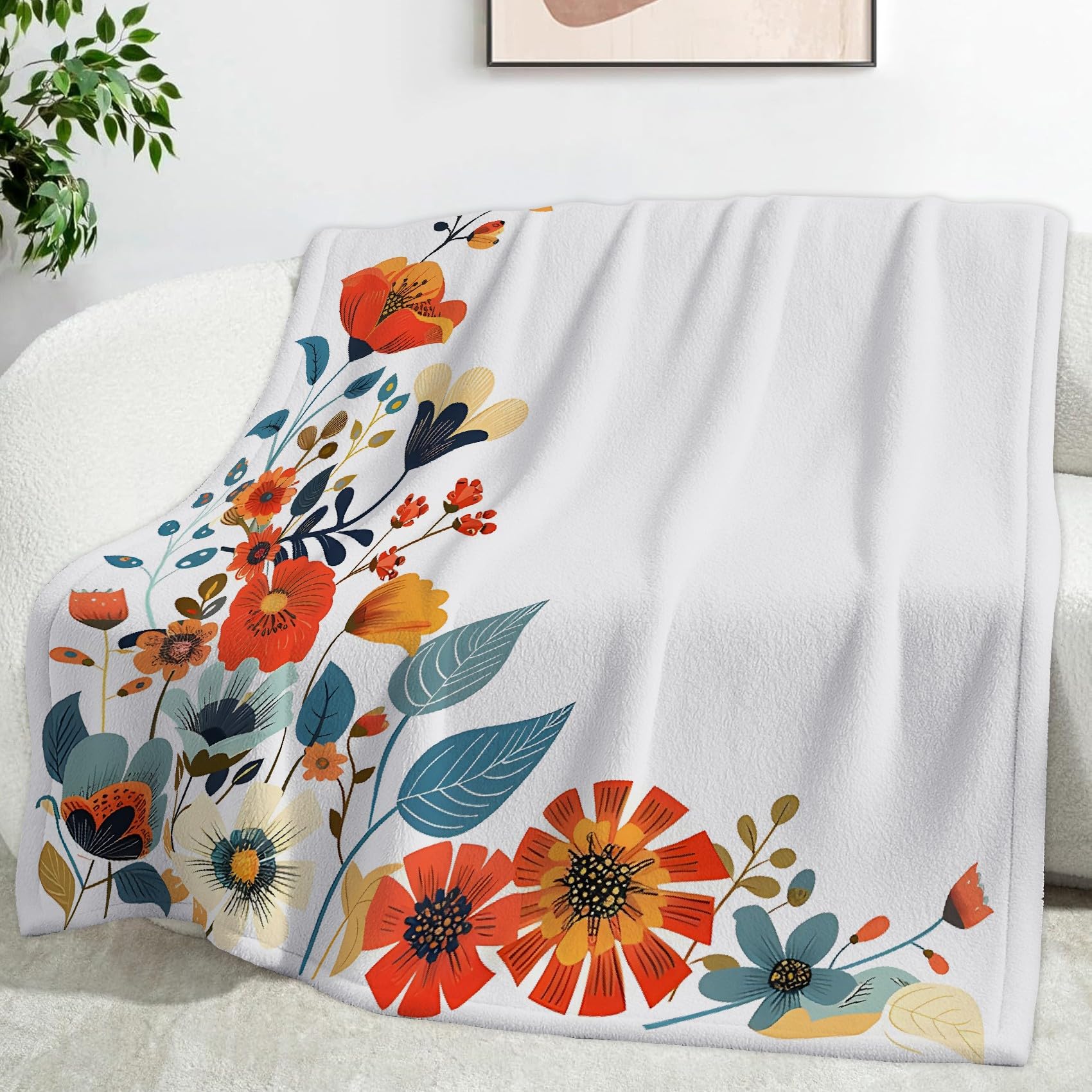 Koc kwiatowy w kontrastowych kolorach w stylu skandynawskim Koc polarowy flanelowy z mikrofibry 180 x 220 cm, lekki, miękki, ciepły i wygodny, odpowiedni do sypialni i salonu