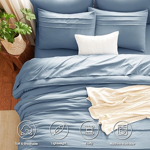 Miniatura 2 de CozyLux Juego de edredón tamaño Queen, color azul grisáceo, 7 piezas de cama plisada suave en una bolsa, juego de edredón Queen con sábanas, juego