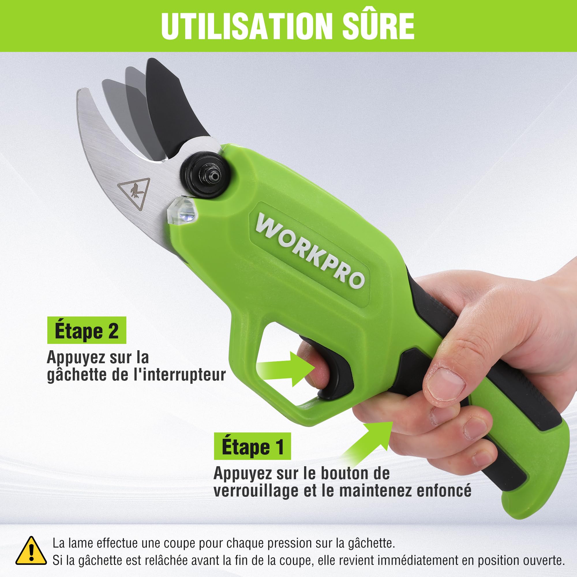 WORKPRO Sécateur Électrique 7,2 V, Professionnel Secateur Electrique avec Lames en SK5, Batterie 2000 mAh, Diamètre de Coupe de 19 mm pour Jardins, Branches et Arbres Fruitiers