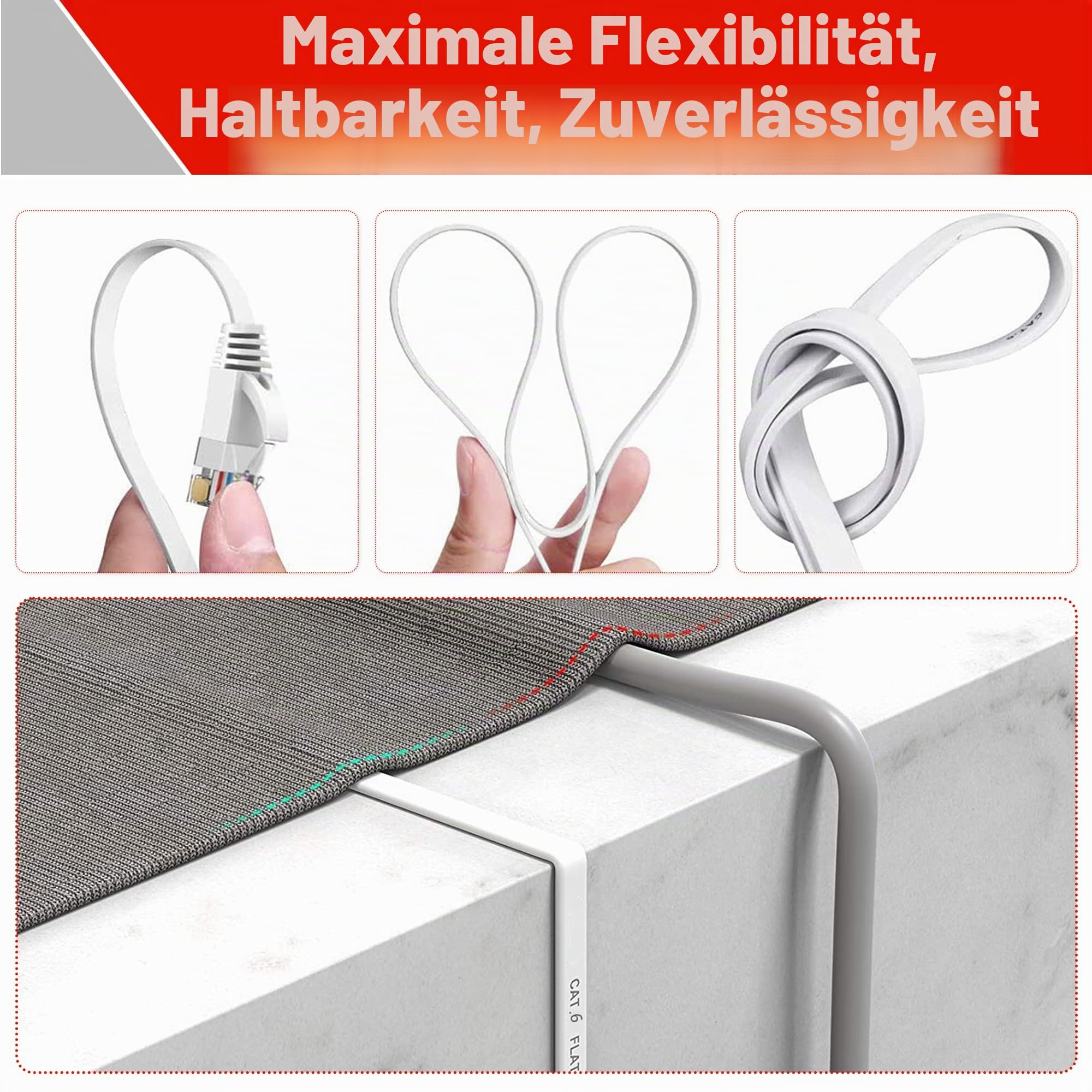 LAN Kabel 50 meter Outdoor Indoor, Netzwerkkabel 50m Weiß Cat 6 Ethernet Kabel, Hochgeschwindigkeits Langes Flach Gigabit RJ45 Internetkabel 250MHz 10/100/1000Mbps, für Router Switch Modem (50 Clips)