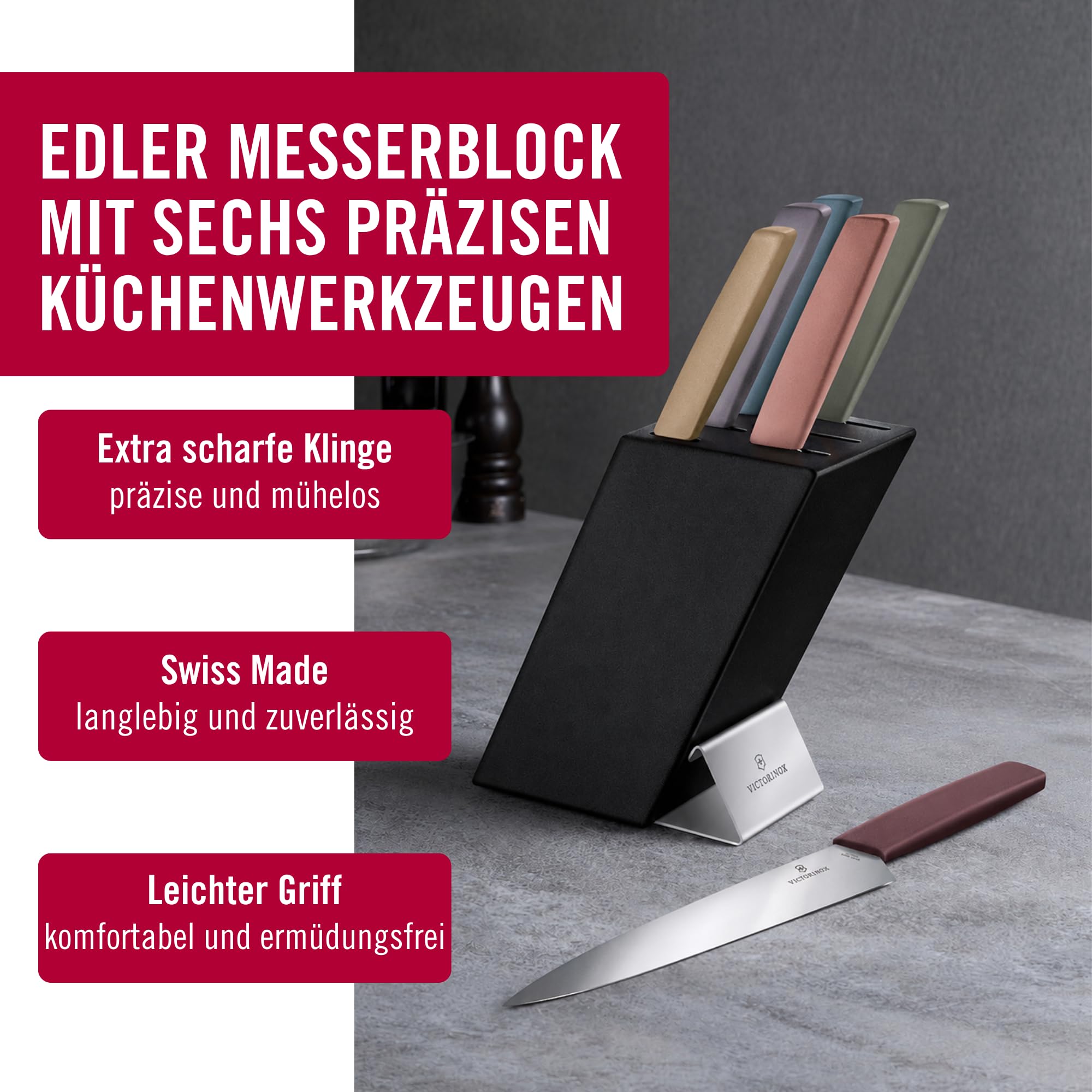 Victorinox Swiss Modern Messerblock mit 6 Messer Gefüllt, 6-teilig, Küchenmesser-Aufbewahrung, aus Holz, mehrfarbig