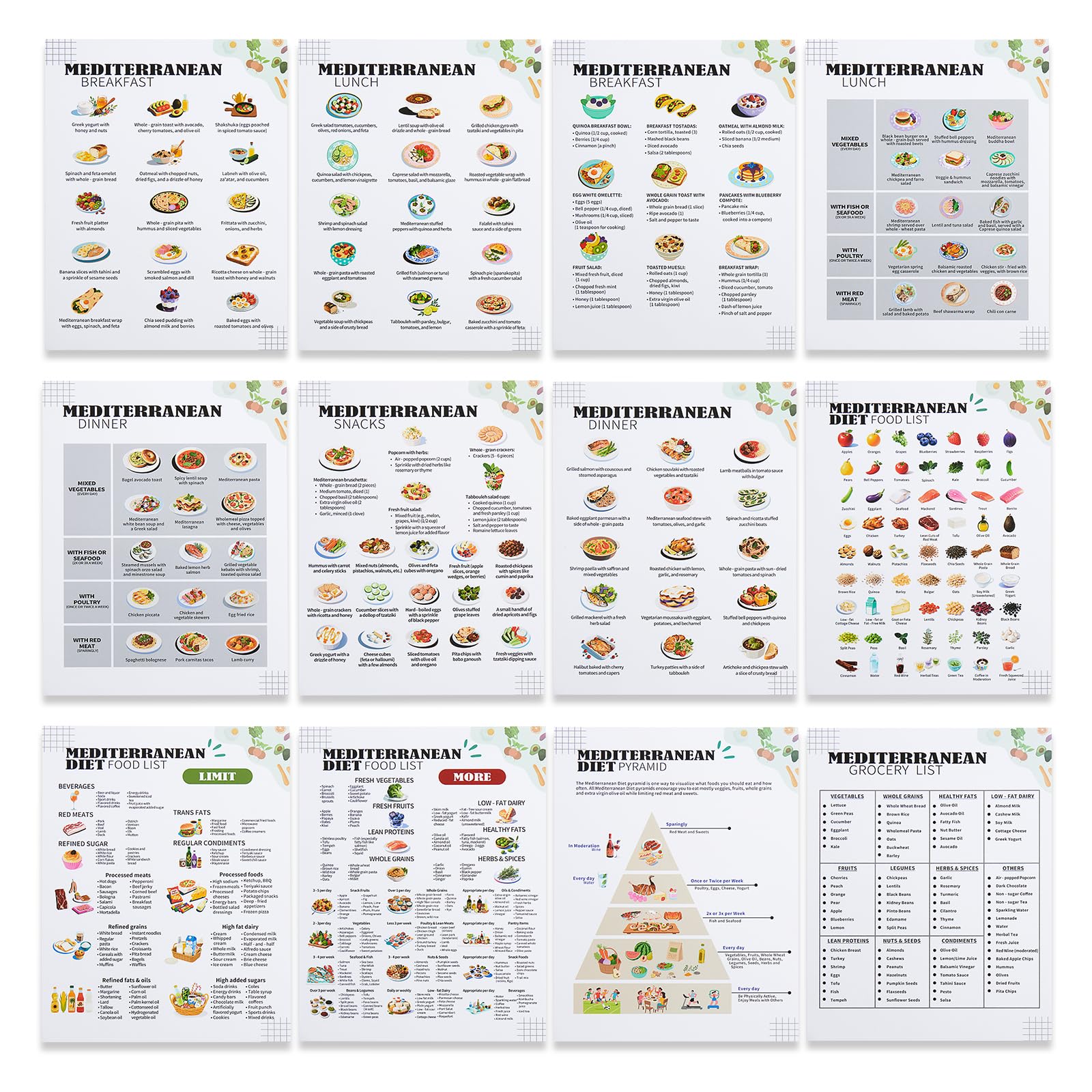 Lista de alimentos de la dieta mediterránea (12 piezas), tabla de plan de comidas mediterráneas, lista de la compra, guía de alimentos saludables para la dieta diaria, plan de alimentación mediterránea