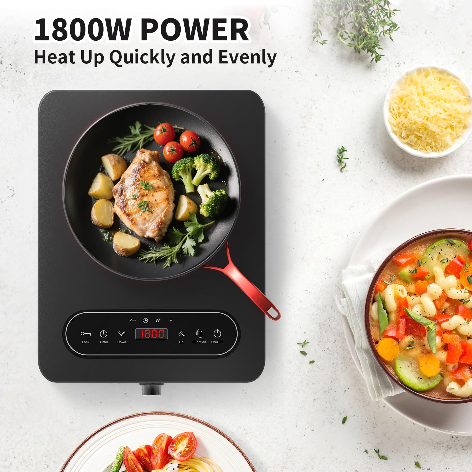 Single Burner Electric Cooktop, 110V 1800W Electric Cooktop with LED Touch Controls and Knob Controls, 10 Power Levels, 4-Hour Timer, Safety Lock, Single Burner Overheat Protection 9