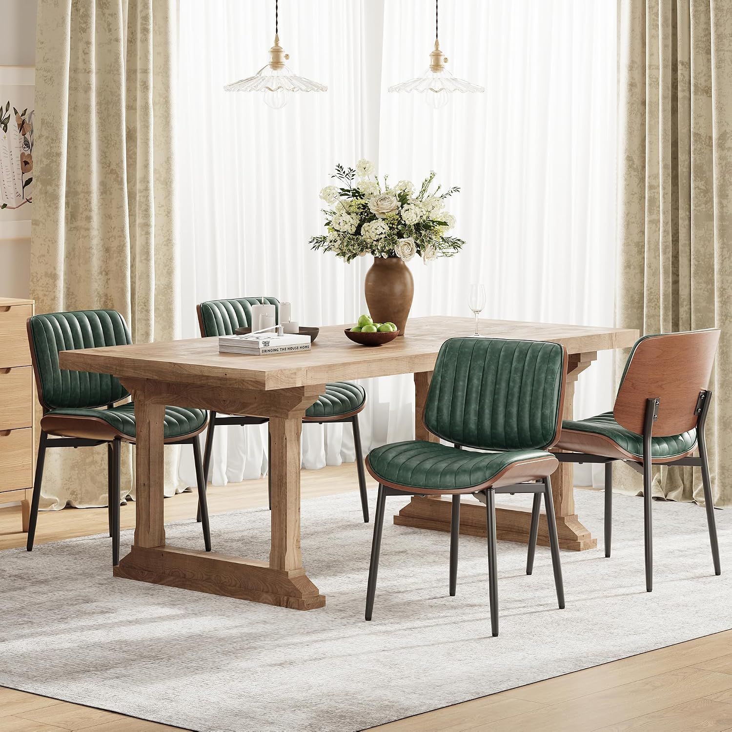 MALOL Leather Dining Chairs Set of 4, Modern Upholstered Dining Room Kitchen Chairs with Metal Legs and Wooden Back Support for Home Dining Room/Restaurant, Green