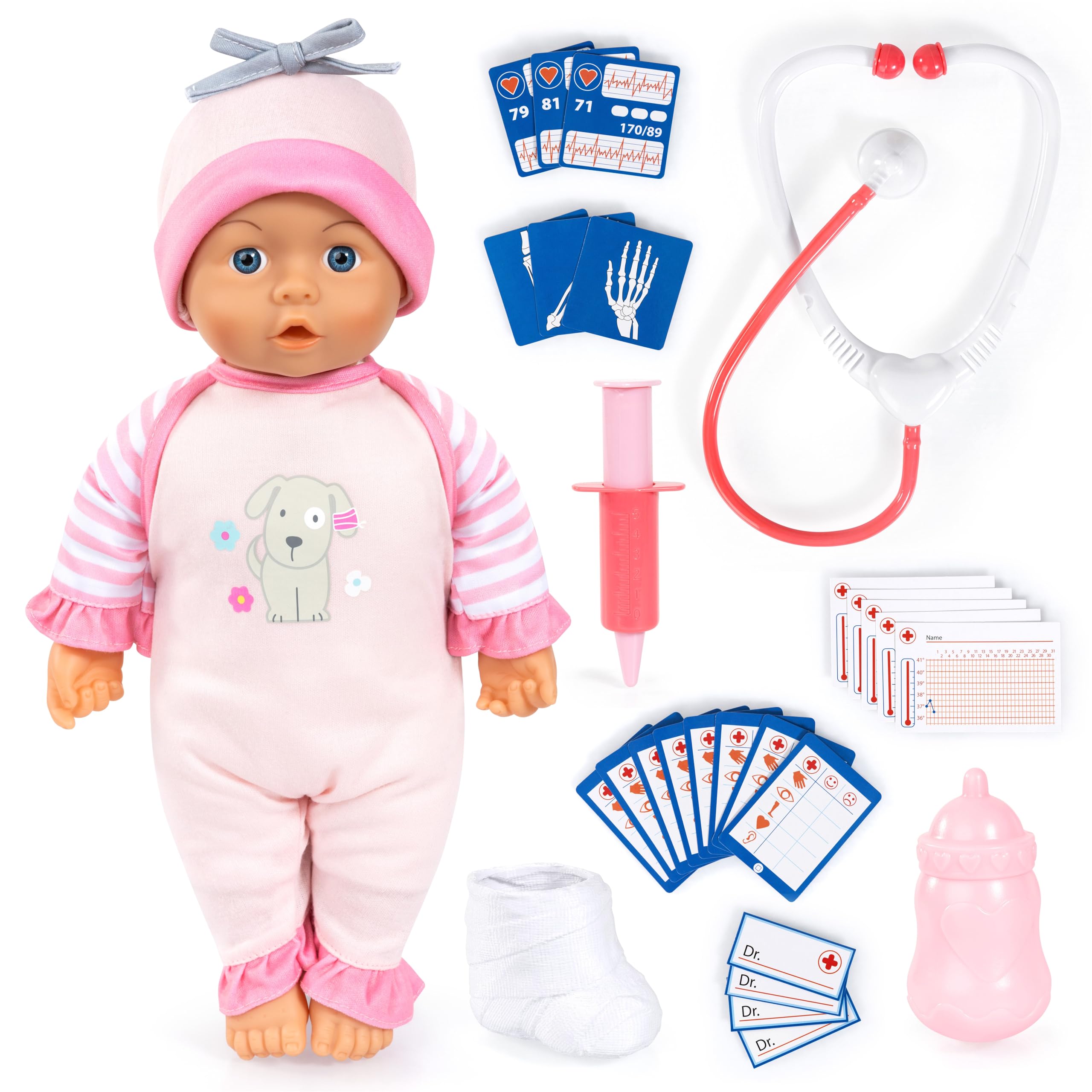 Bayer Design Poupée bébé, parlante, Poupon Docteur, 36 cm | corps souple, avec biberon, stéthoscope, seringue, pied plâtré et nombreux accessoires