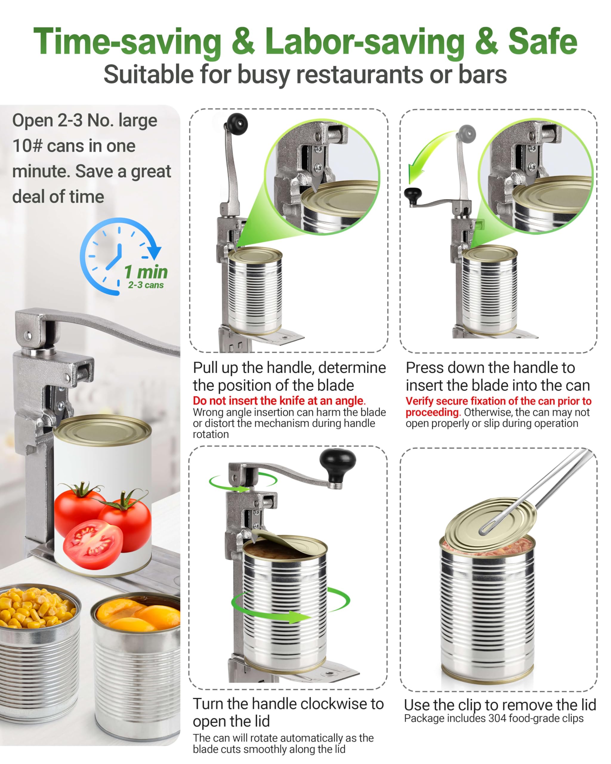 Abrelatas comercial resistente – Abrelatas manual de mesa abre latas de hasta 11 pulgadas de alto, abrelatas industrial con base de acero chapado para restaurante, tienda de alimentos, hotel, bar