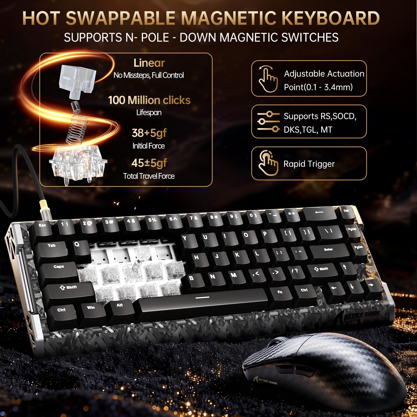 ATTACK SHARK R68 HE Kabel Magnetische Tastatur Kabellosen R11 ULTRA Gaming-Maus Carbonfaser 8000 Hz Rapid Trigger 49g SUPERLIGHT PAW3950MAX 42000 DPI Schwarz
