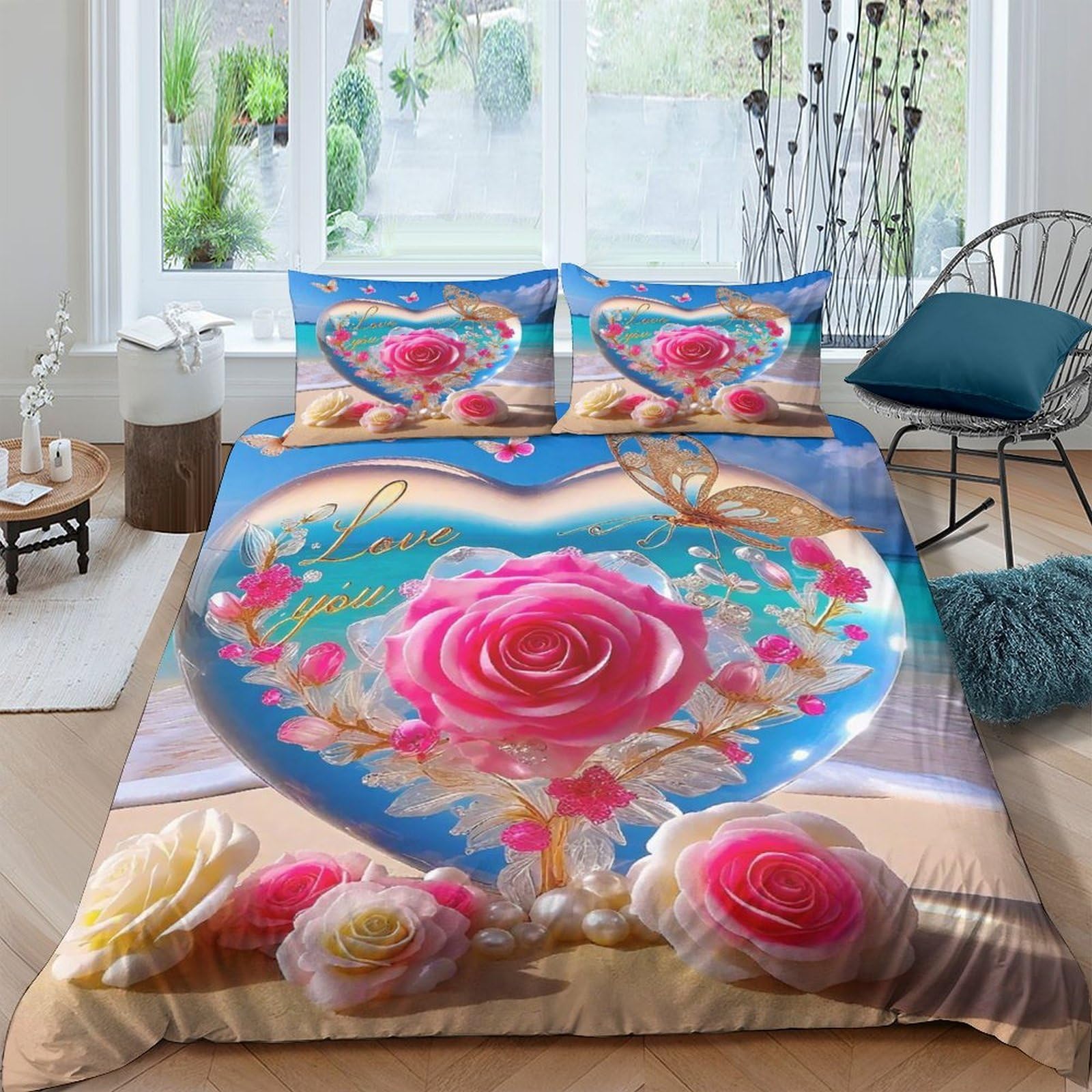 Housse de couette zippée 200x200 anti-glissement avec parure de lit imprimé végétal
