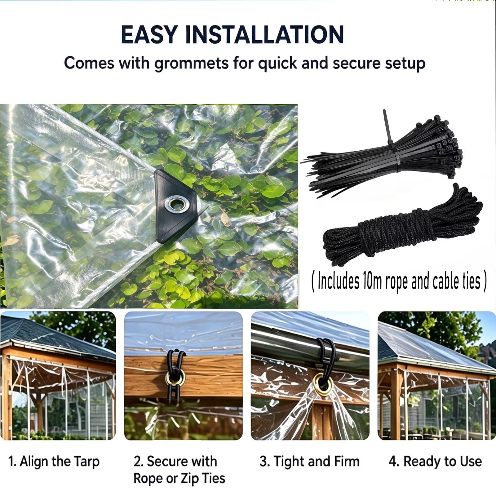 Bâche Transparente avec œillets pour l'extérieur, bâche en PE Transparent 0.18mm, avec Serre-câbles, Corde de Fixation de 10 m, Convient pour Pavillons（1.8x5.5 m）