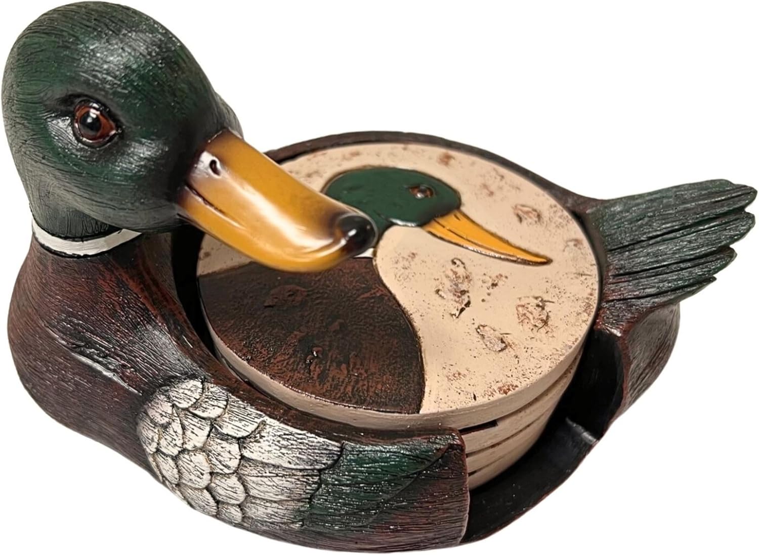 Rustic Woodland Mallard Duck Polyresin Coaster Set with Decorative Holder