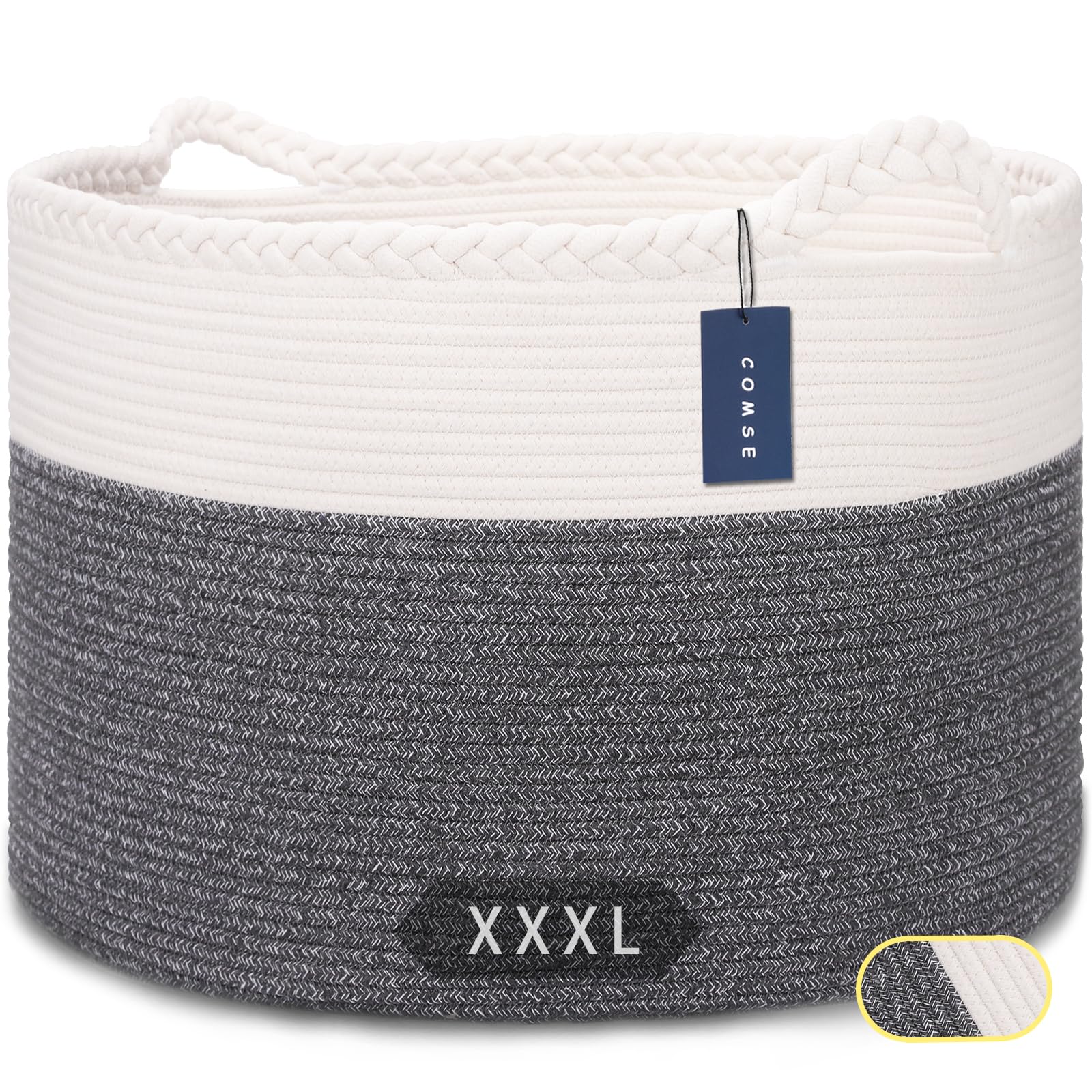 COMSE Extra Large Blanket Basket, Woven Laundry Basket, 55 x 35 CM, Nursery Hamper, Cotton Rope Laundry Hamper Living Room for Storage Toys Clothes Towels, White/Black