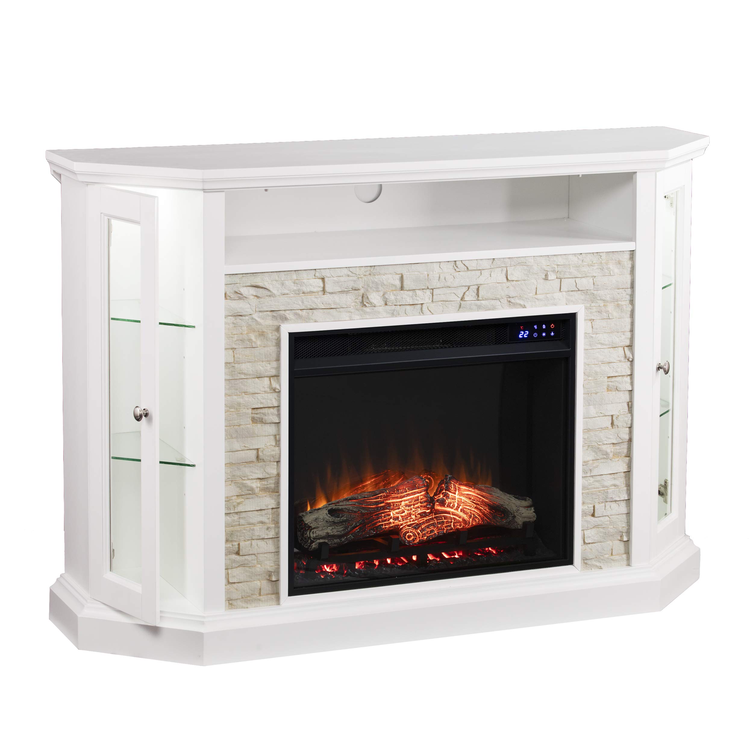 SEI Furniture Redden Faux Stone Corner Convertible Electric Fireplace with Media Storage, New Fresh White