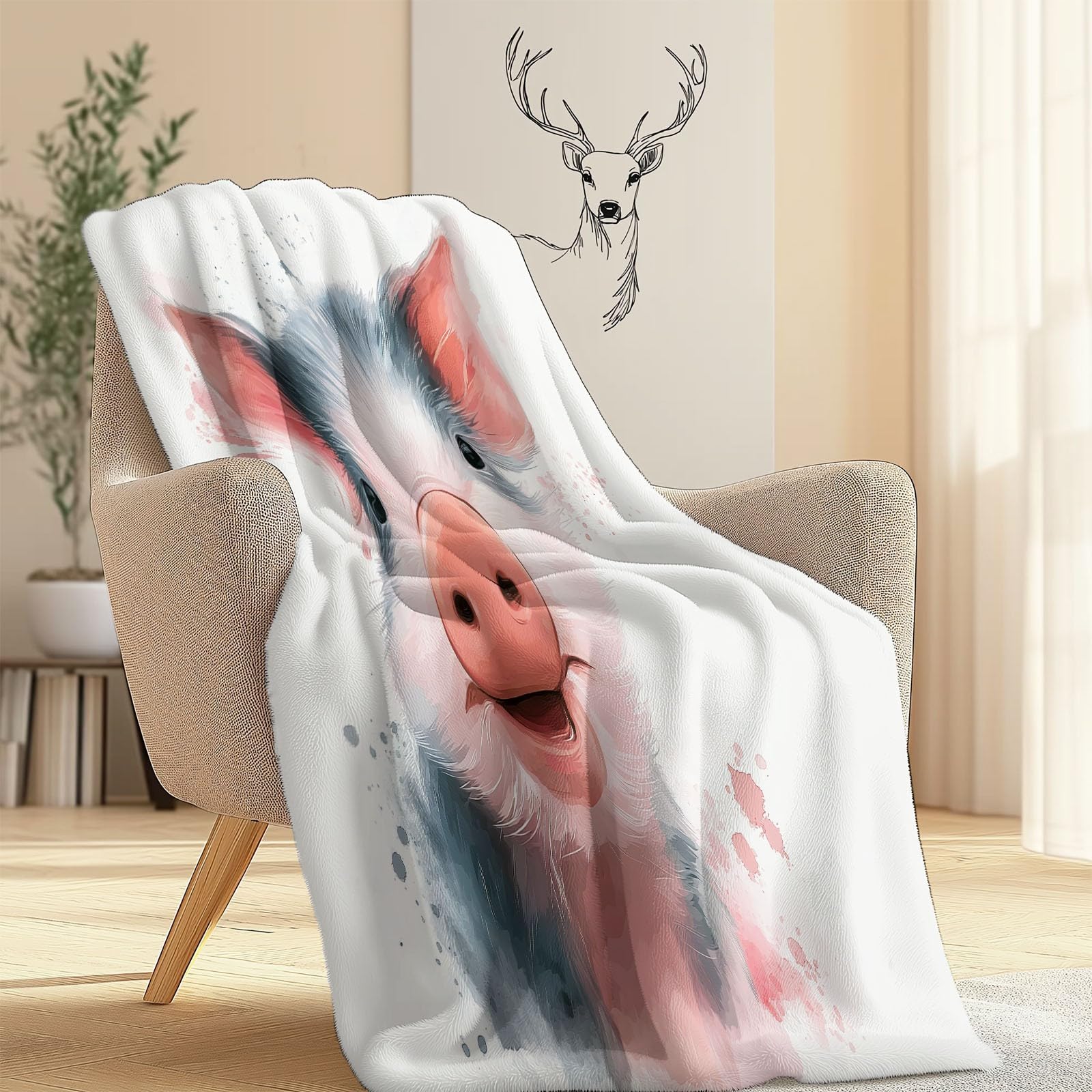 King (220 x 240 cm) termiczny ciepły koc polarowy, całoroczny, biały, flanelowy, akwarela, zwierzęta, prosiak, miękki i lekki, pluszowy koc, prezent dla dorosłych i dzieci