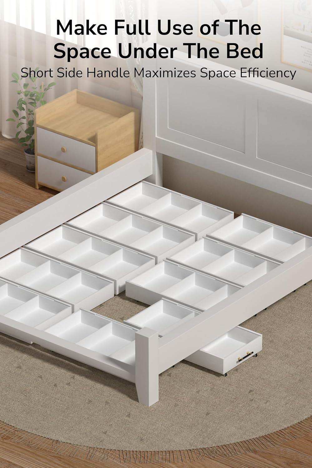 1-Pack Solid Wood Under Bed Storage Drawer with Lids, Wheels, Handles - Divided Underbed Cabinet for Closet - Wooden Crate Organizer for Clothes - Underneath Container Fit for Any Bed Size (White)