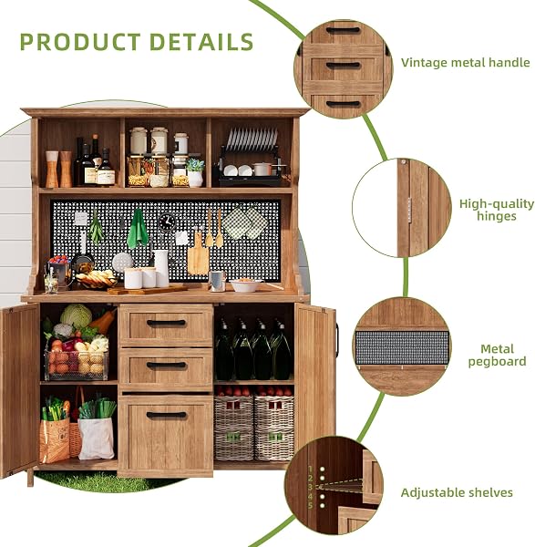 Merax Outdoor Storage Cabinet, Solid Wood, Natural, 120x50x185.1cm, 47kg, Rustic, with 3 Drawers and Metal Pegboard - 4