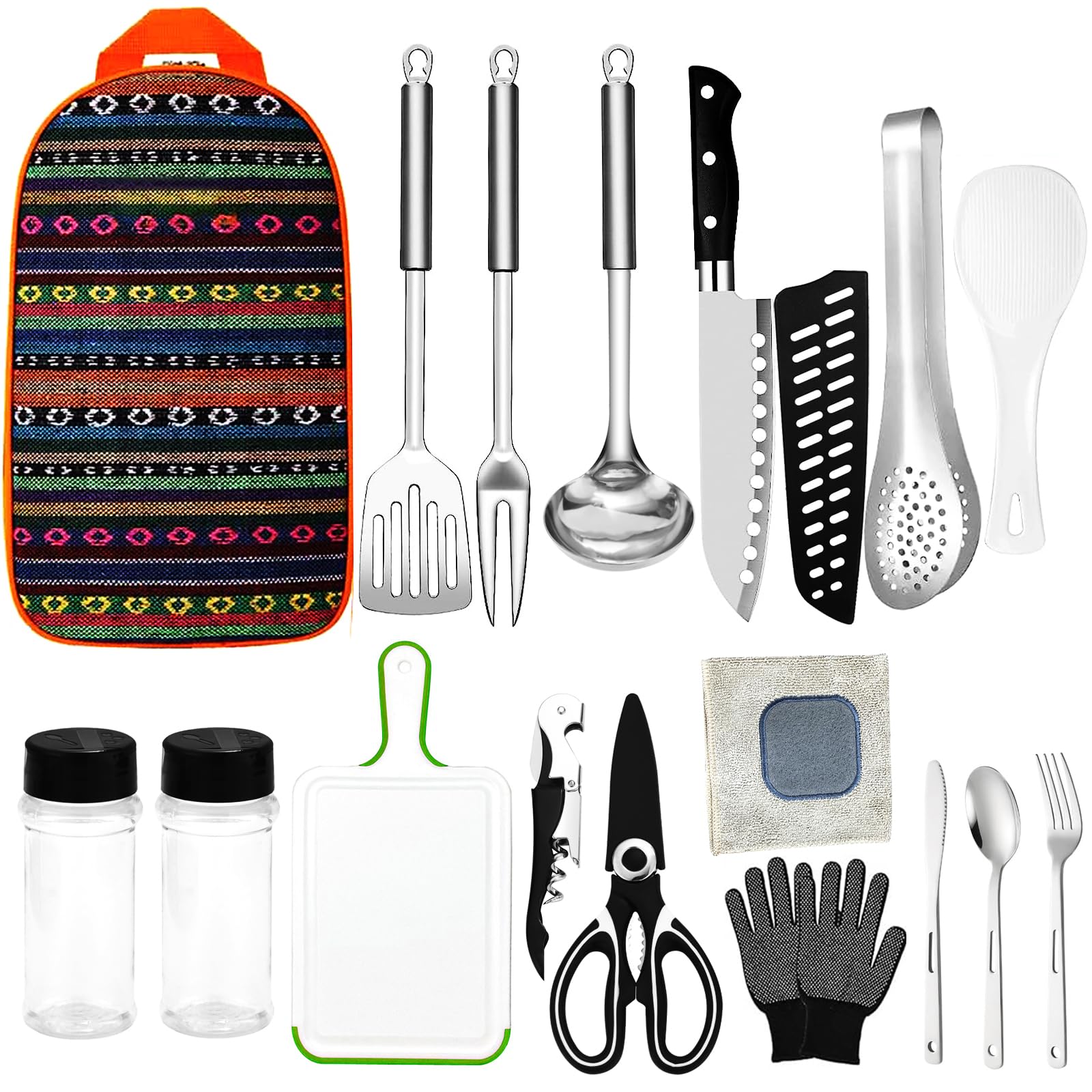 Jorunhe 17PCS Portable Camping Cooking Utensils Set, Camping Essentials with Stainless Steel, Mixed Colours, 17PCS Size