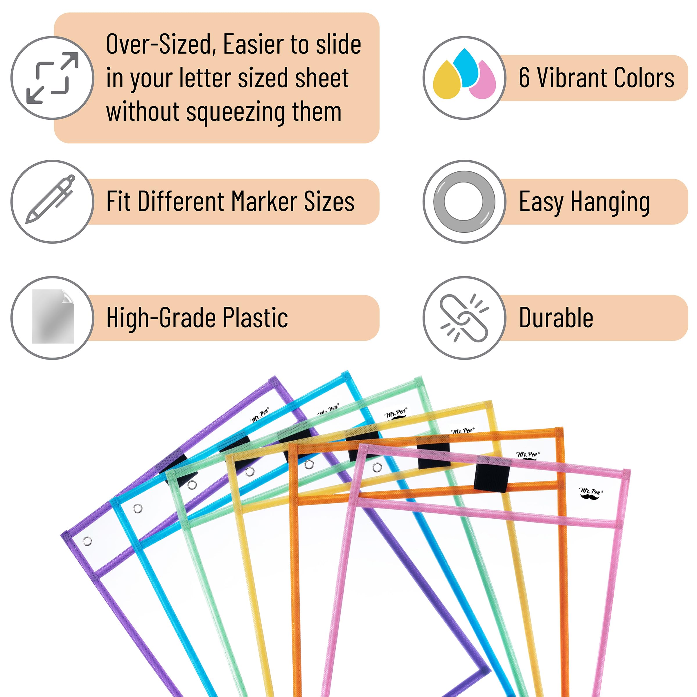 Mr. Pen- Dry Erase Pocket Sleeves, 10 x 14 Inch, 6 Pack, Pastel Colors, Plastic Sleeves, Dry Erase Pockets Reusable Sleeves, Dry Erase Sleeves, Clear Pocket Sleeves, Classroom Sleeves