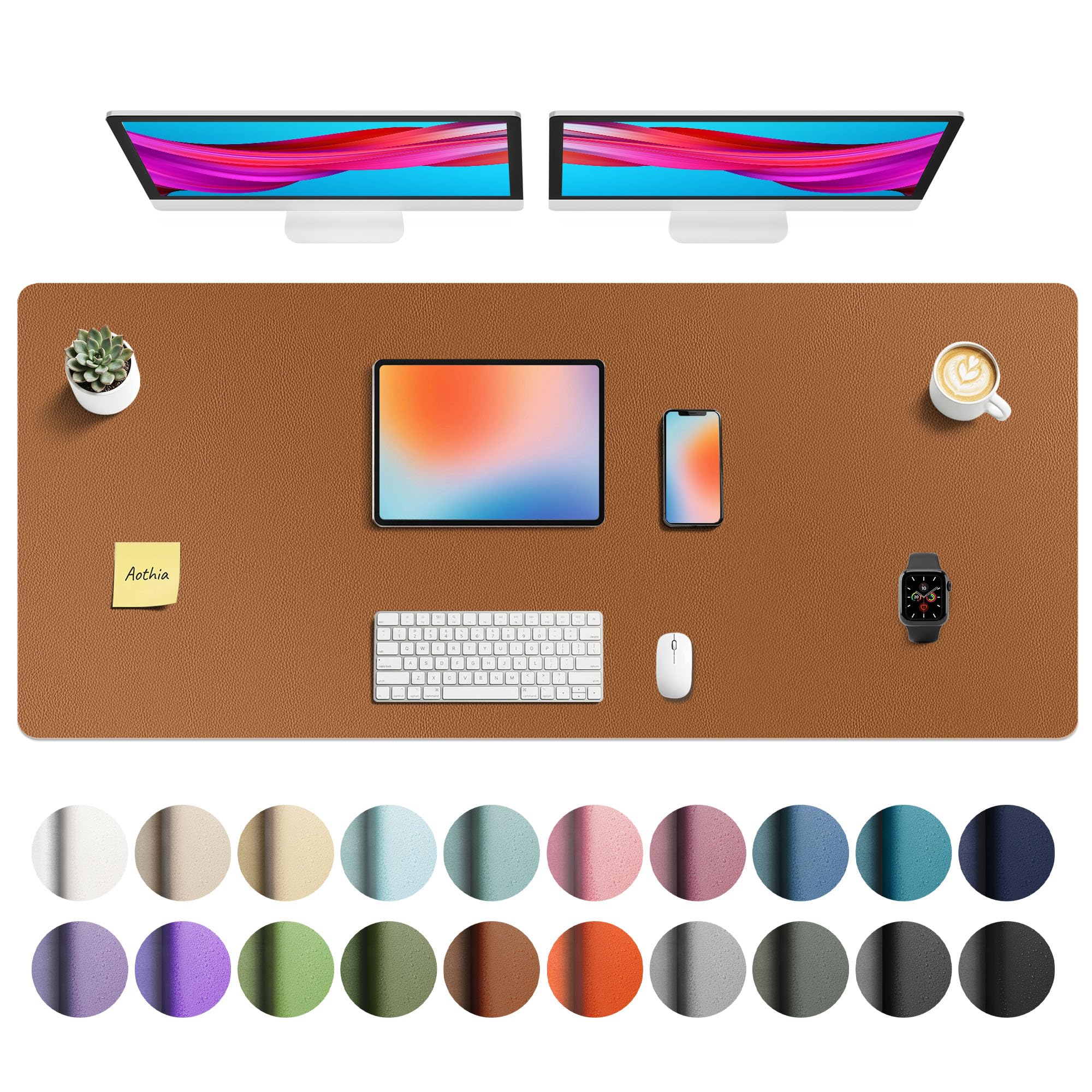 Aothia Faux Leather Desk Mat - Large Waterproof Writing Surface with Non-Slip PU Leather, 55" x 24" Brown - main product image
