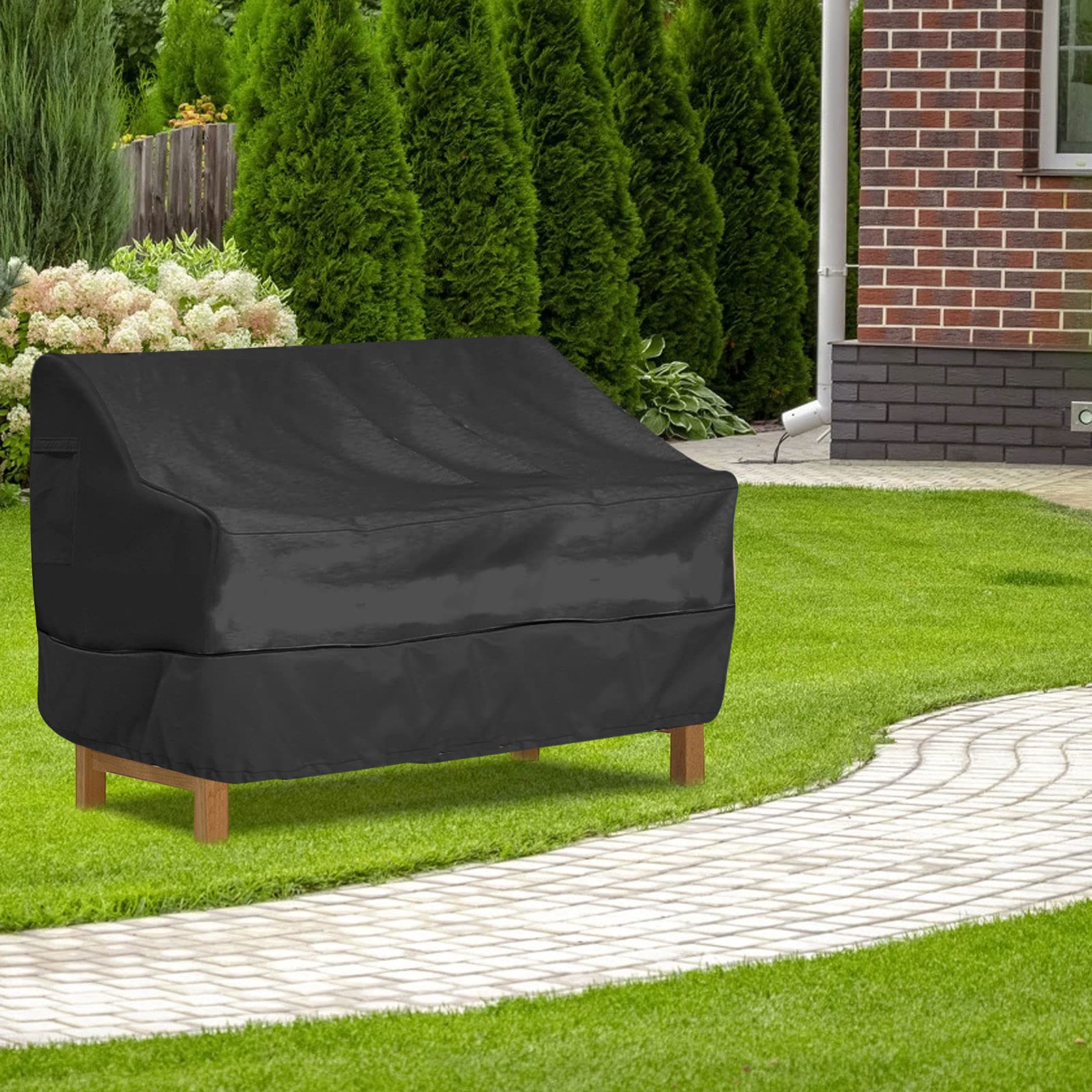 Copertura per Mobili da Giardino, Copertura per Panca Divanetto Tavolino da Giardino Impermeabile Oxford 210D Anti Vento Anti Polvere Copridivano da Giardino (Nero, 193*83*84cm)
