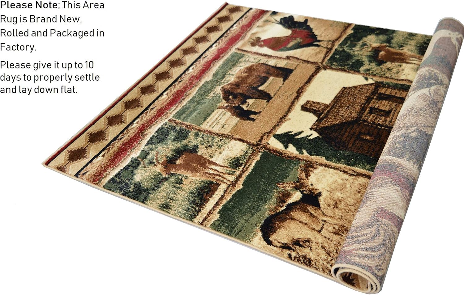 HR Cabin Collection 908-Rooster Rugs Contemporary Geometric Design Rooster/Mother Bear and Cub/Fish/Lodge/Deer-Southwestern Design-Beige/Red/Green and Multi