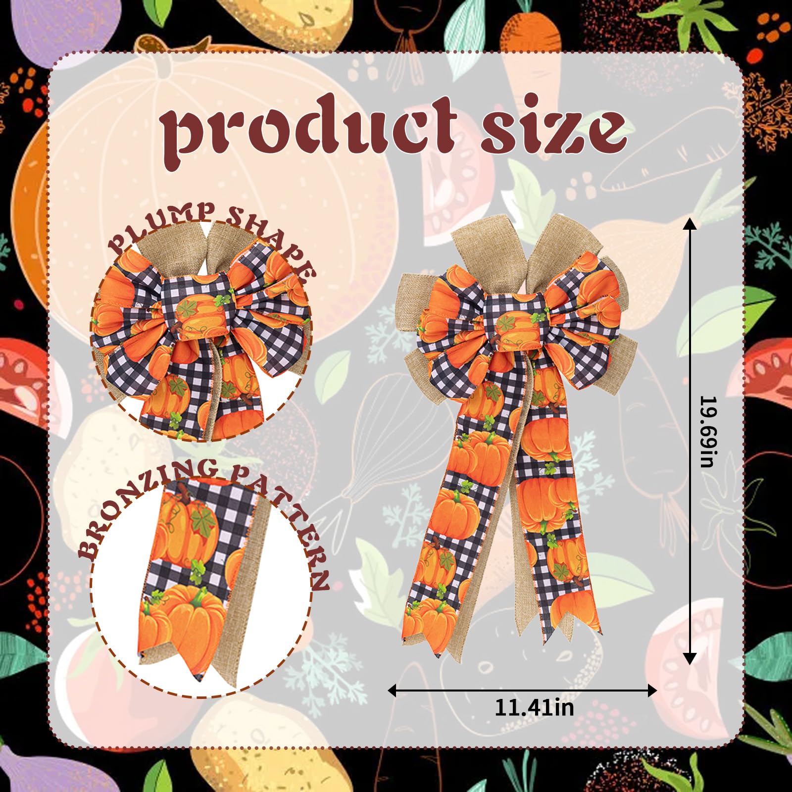 HIENAJ Fall Bows for Wreath, Thanksgiving Pumpkin Wreath Bows Autumn Leaves Bows White Black Buffalo Plaid Bows Orange Burlap Bows for Front Door Indoor Outdoor Wall Decoration Supplies Ornaments 17