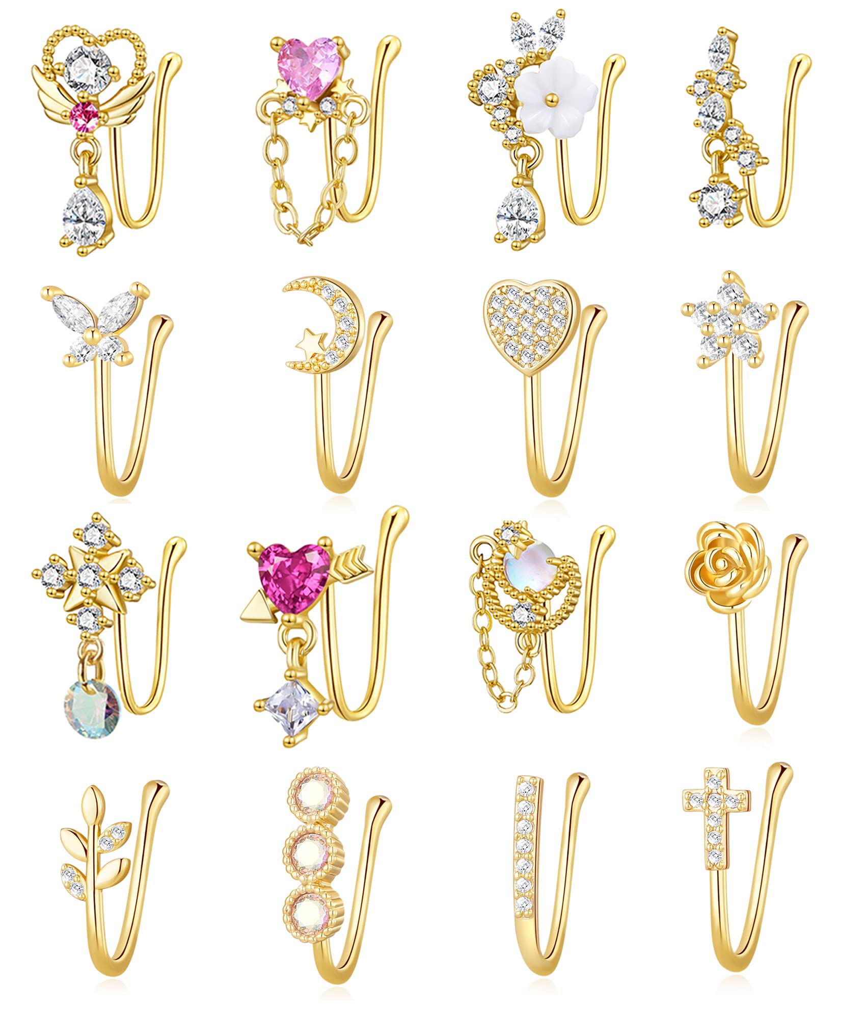 PLOMFOV 16Pcs Fake Nose Ring for Women African Nose Cuffs Faux Clip on Dangling Nose Ring Cuffs for Non Pierced Nose