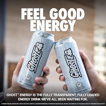 GHOST Energy Drink, Zero Sugar, 12-Pack, Original Flavour - 160MG Caffeine | Pre Workout Drink, No Artificial Colors, Gluten-Free & Vegan - 160MG Natural Caffeine, L-Carnitine, Taurine - 500ML Cans