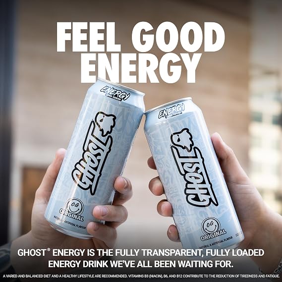GHOST Energy Drink, Zero Sugar, 12-Pack, Original Flavour - 160MG Caffeine | Pre Workout Drink, No Artificial Colors, Gluten-Free & Vegan - 160MG Natural Caffeine, L-Carnitine, Taurine - 500ML Cans