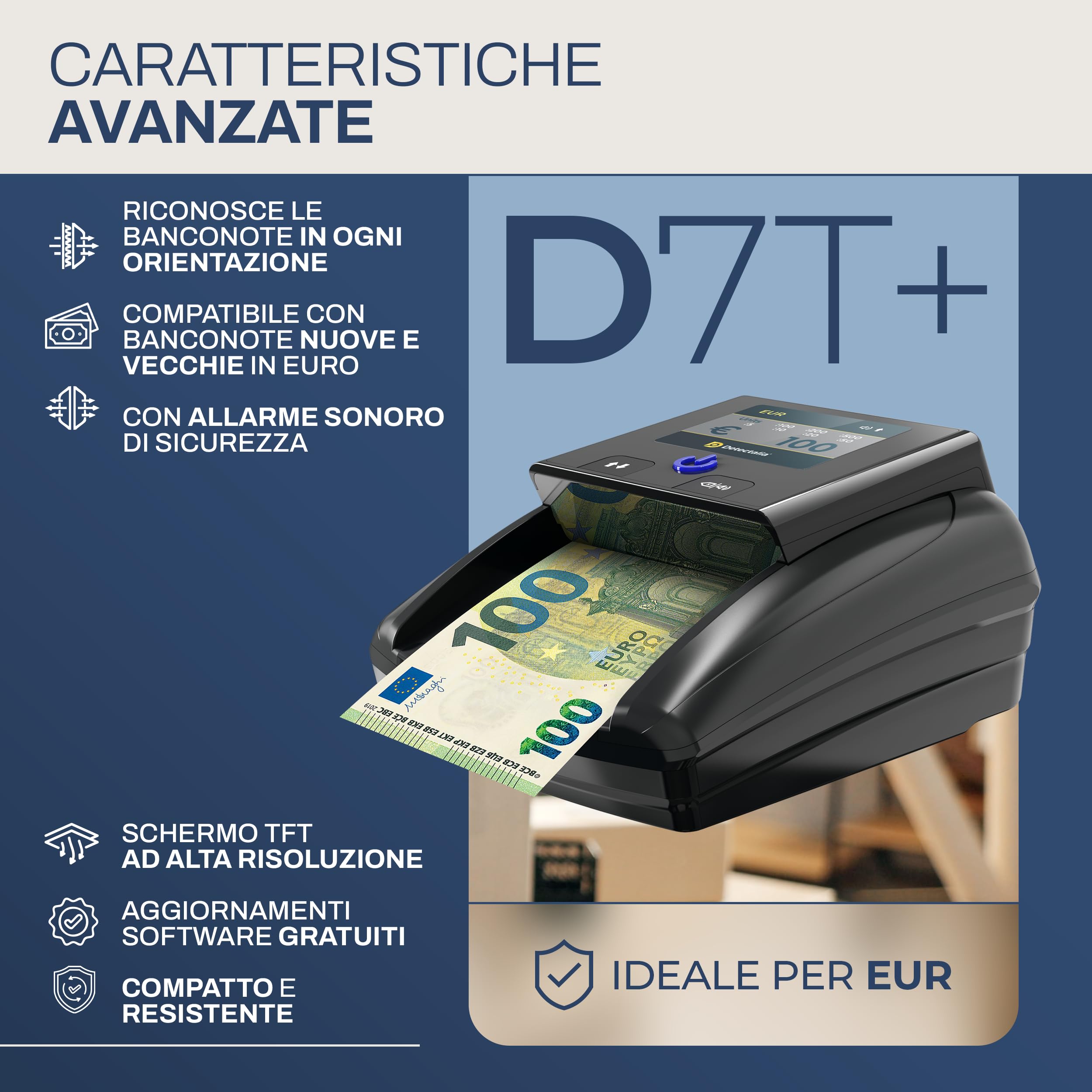 Detectalia D7T+ Rilevatore di banconote false con 100% rilevamento, 5 sistemi di rilevamento per 3 valute EUR, GBP, USD e Display a colori TFT