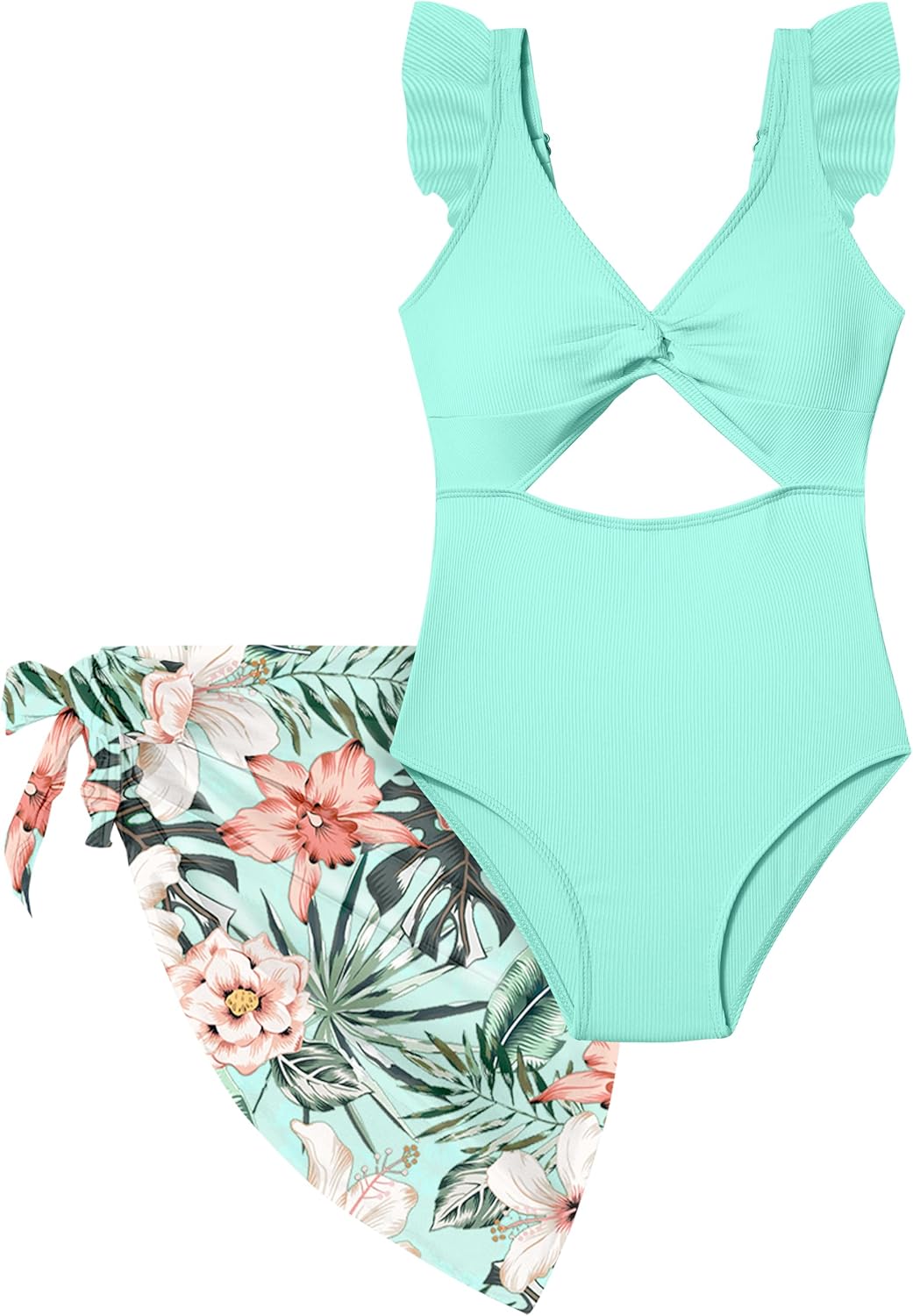 ADIRUN Girls One Piece Swimsuit Cut Out Ruffle Bathing Suit Twist V Neck Swimwear Solid Color with Cover Up Skirt 7-16T