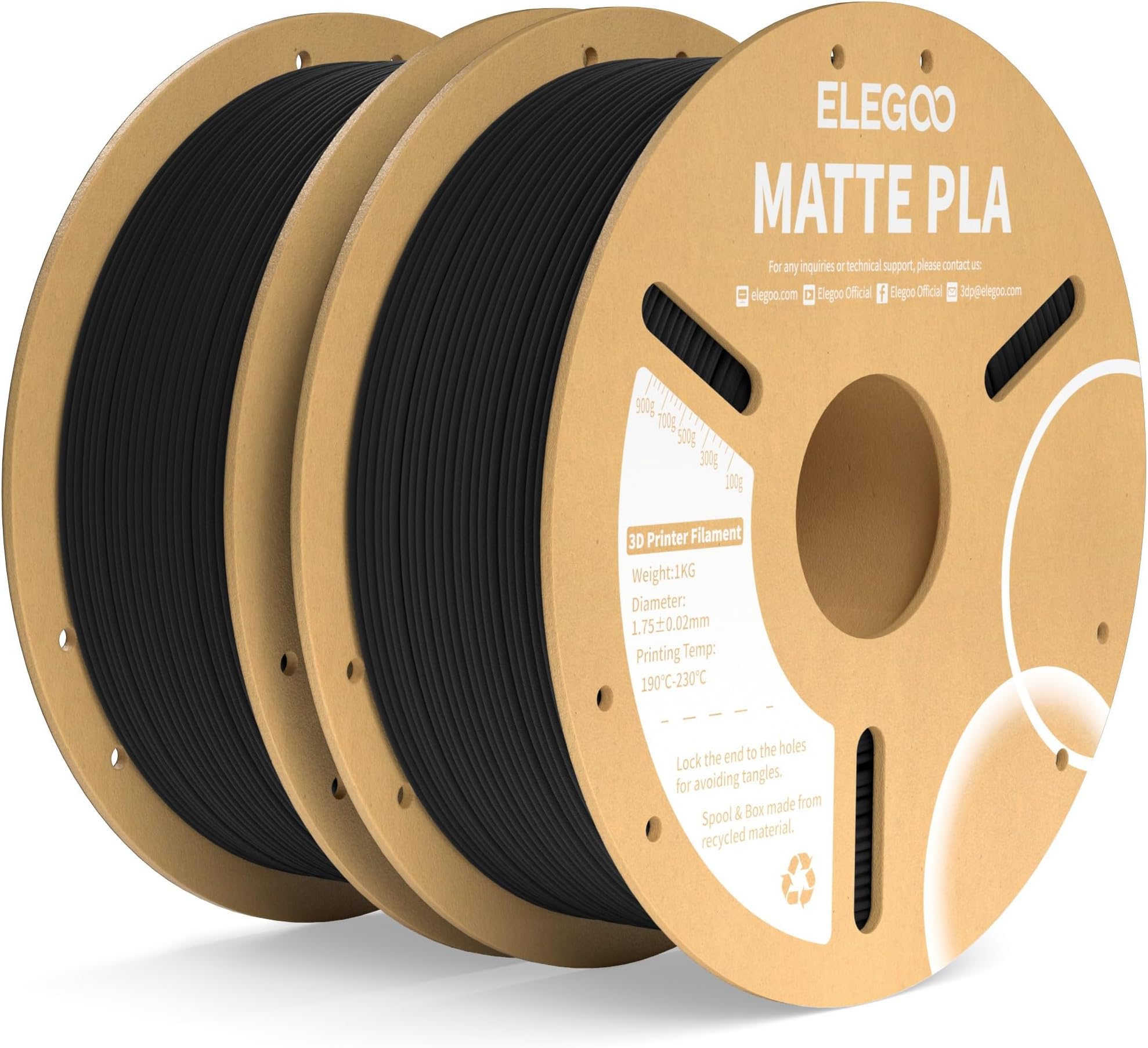 Matte PLA Filament Black 2KG, 1.75mm 3D Printer Filament Dimensional Accuracy +/- 0.02mm, 2pcs 1kg Carboard Spool (2.2lbs) Fits for Most FDM 3D Printers