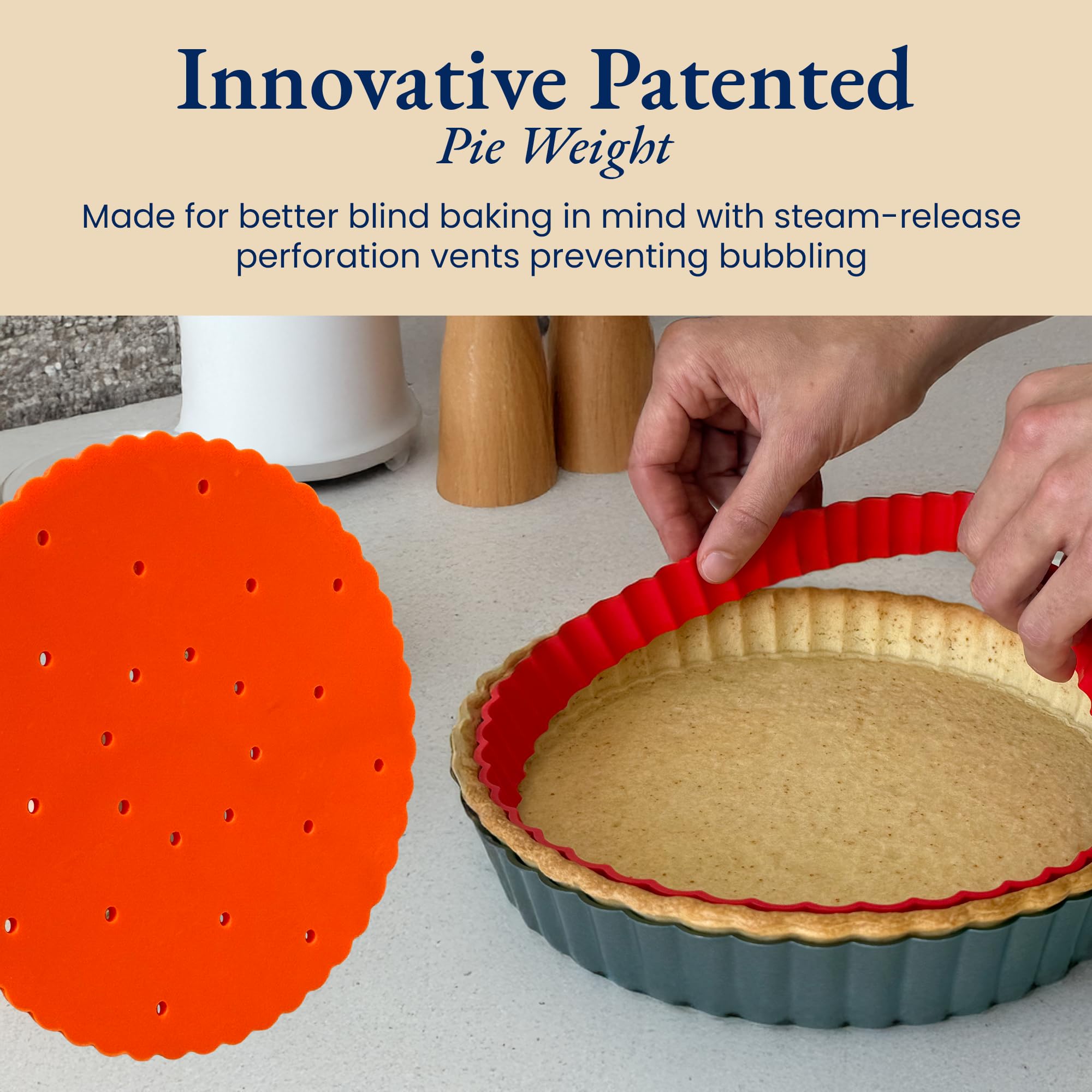 Patz&Patz Molde clásico estriado para tartas con fondo extraíble, 22,86 cm, antiadherente de acero al carbono con anillo moldeador de corteza y peso de silicona para tartas, tartas y quiche