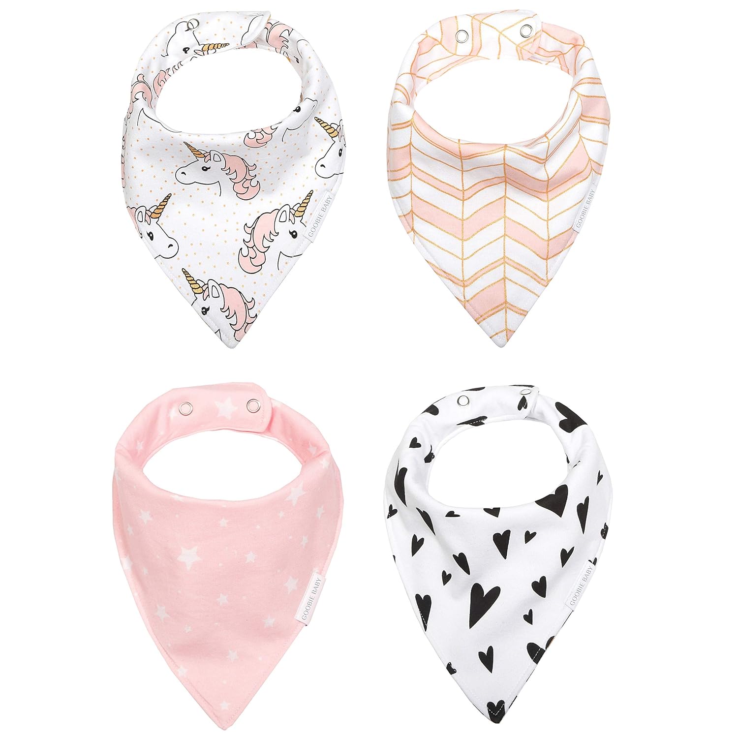 REVERSIBLE & WATERPROOF Cotton Baby Bandana Drool Bibs for Girls with Adjustable Snaps, Pack of 4, Soft Absorbent Cute Modern Premium Bib Set for Teething Drooling