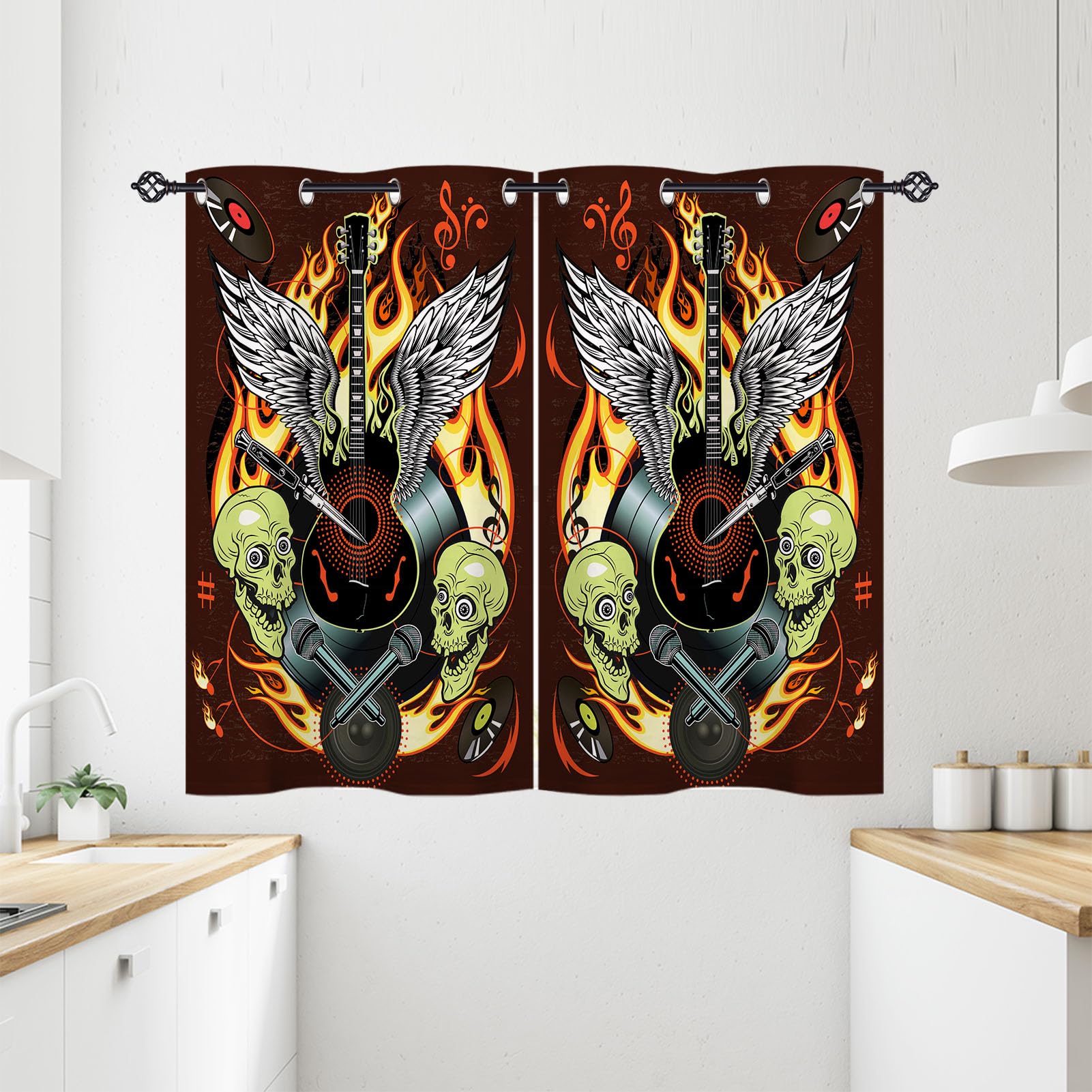 ANHOPE Skull Curtains Eyelet Ring Top Blackout Thermal Insulated Curtains Musical Theme Guitar Disc Microphone Print Pattern Soft Window Drapes for Bedroom Living Room 28 x 54 Inch 2 Panels โ image 1