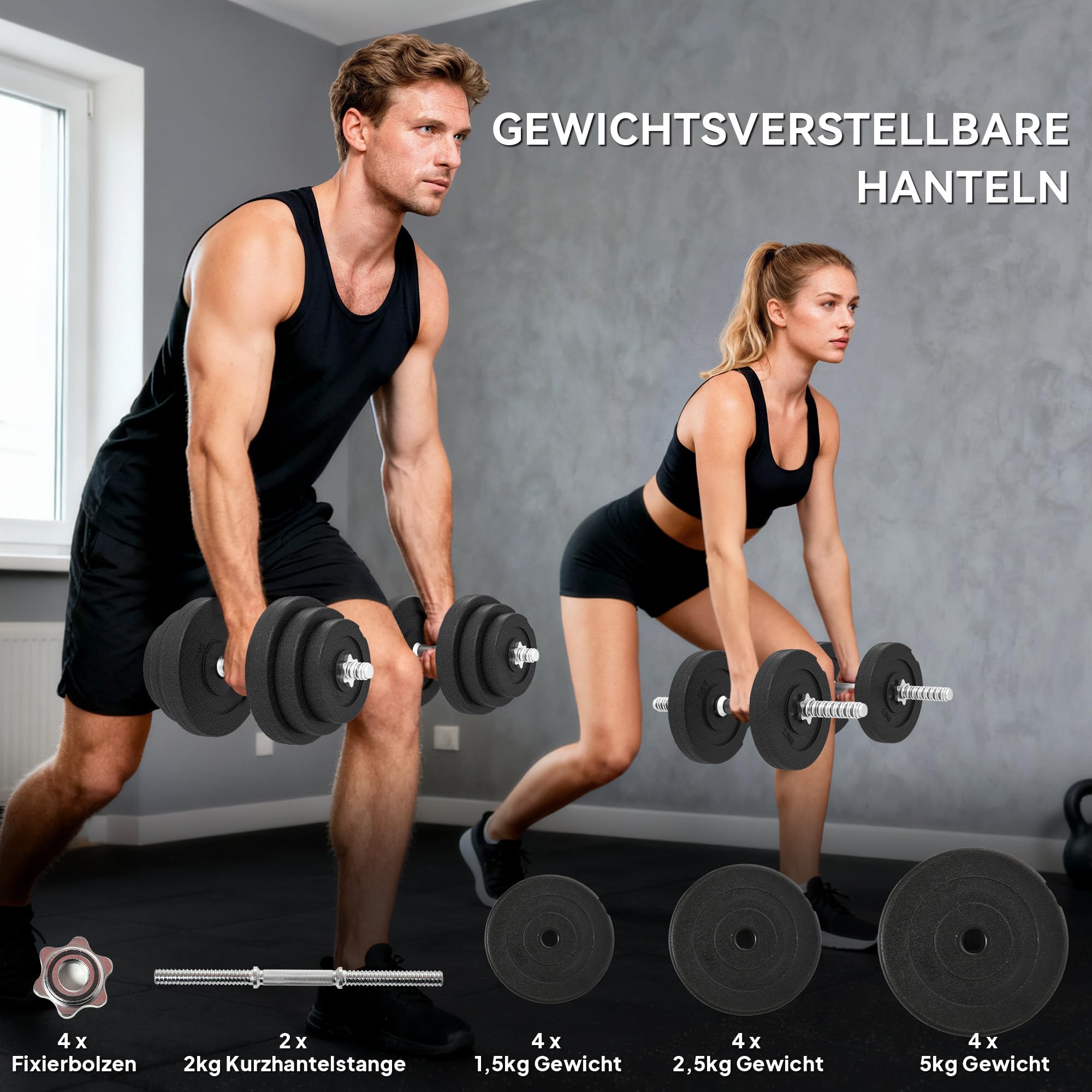 HOMCOM Zestaw krótkich hantli 40 kg, zestaw hantli ze stali, zestaw 2 krótkich hantli z 12 tarczami do hantli, chroniące podłogę, do treningu siłowego i fitnessu, kolor czarny