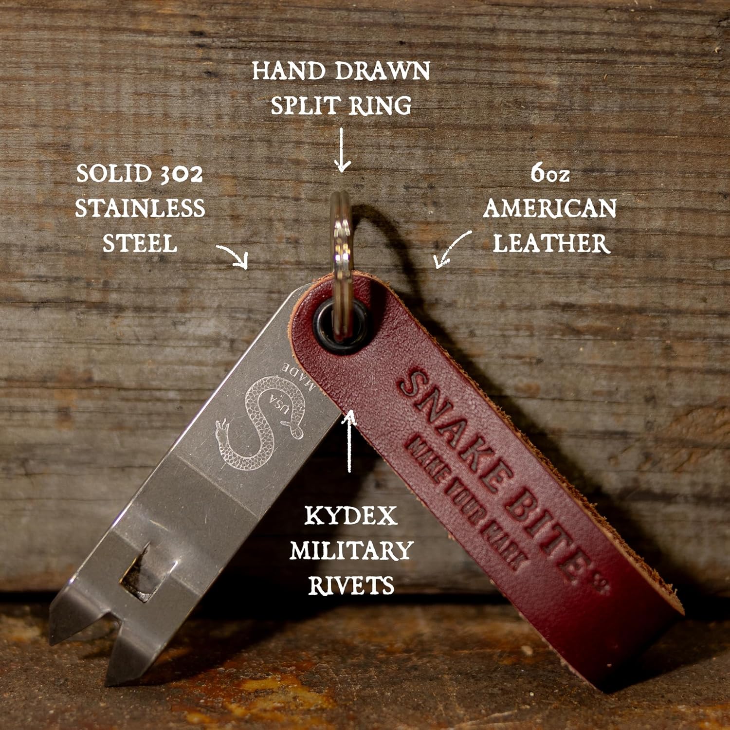 Original Snake Bite Bottle Opener Keychain – 100% USA-Made & Patented – Leather & Stainless Steel Beer Opener – Groomsmen Gifts, EDC Gadgets, Beer Keychain for Men by Snake Bite Co. (Blood Leather)