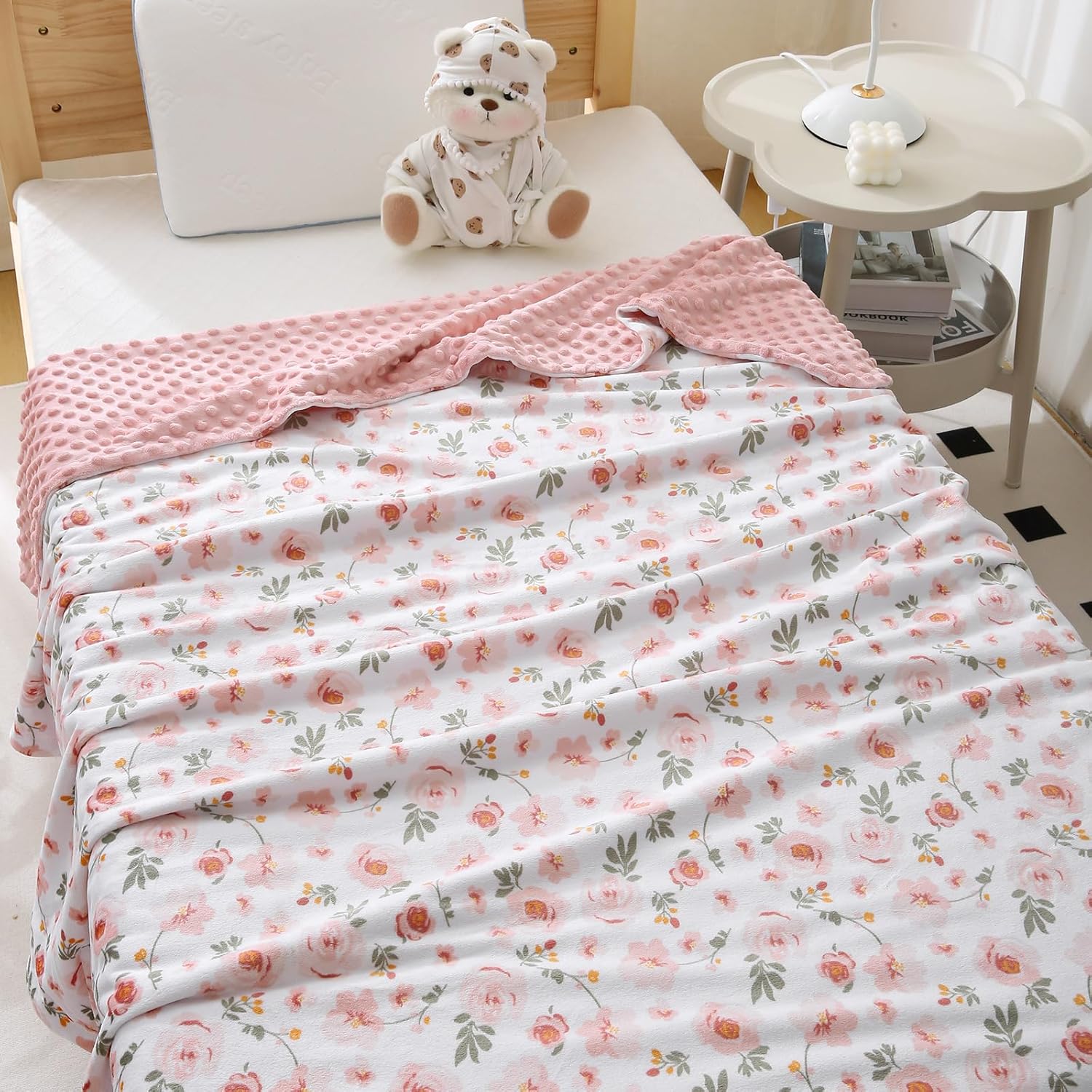 DaysU Silky Micro Soft Plush Baby Blankets for Girls with Print Floral Pattern and Soothing Raised Dots, Double Layer Bed Throws for Toddler Cot, Blossom, Pink, 50×60 Inches