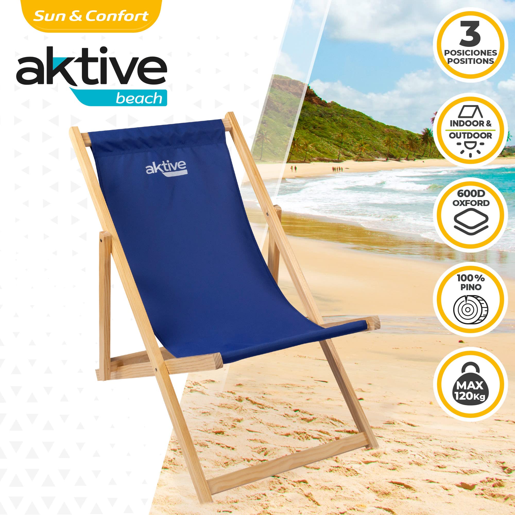 AKTIVE Silla Hamaca Madera 3 Pos 56x77.5x78cm - Azul Marino