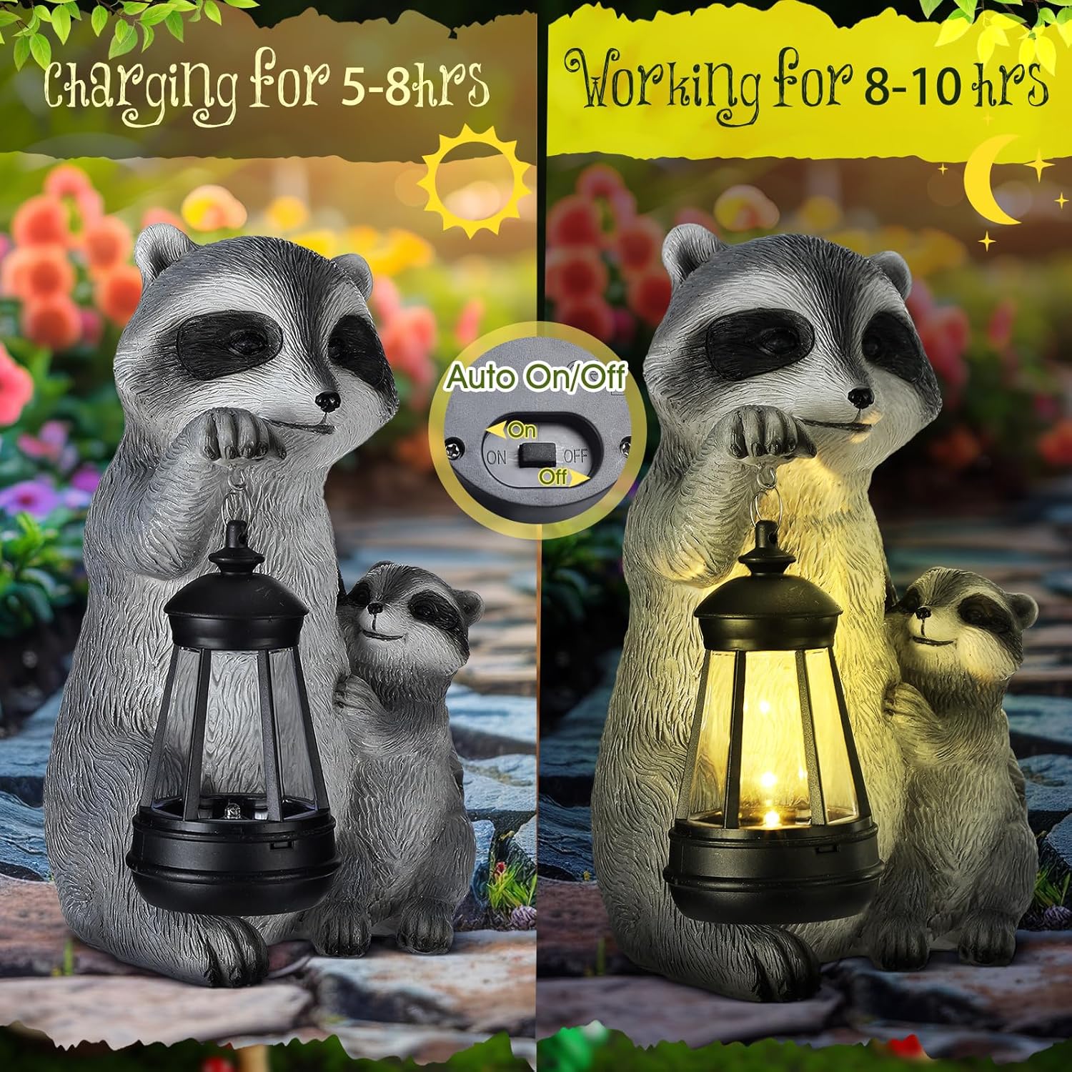 Pinkunn 9.5 Inch Solar Raccoon Family Garden Statues with LED Lights Home Decorations Outdoor Garden Raccoon Statue for Patio Balcony Yard Lawn Ornament Housewarming Birthday Gifts for Women