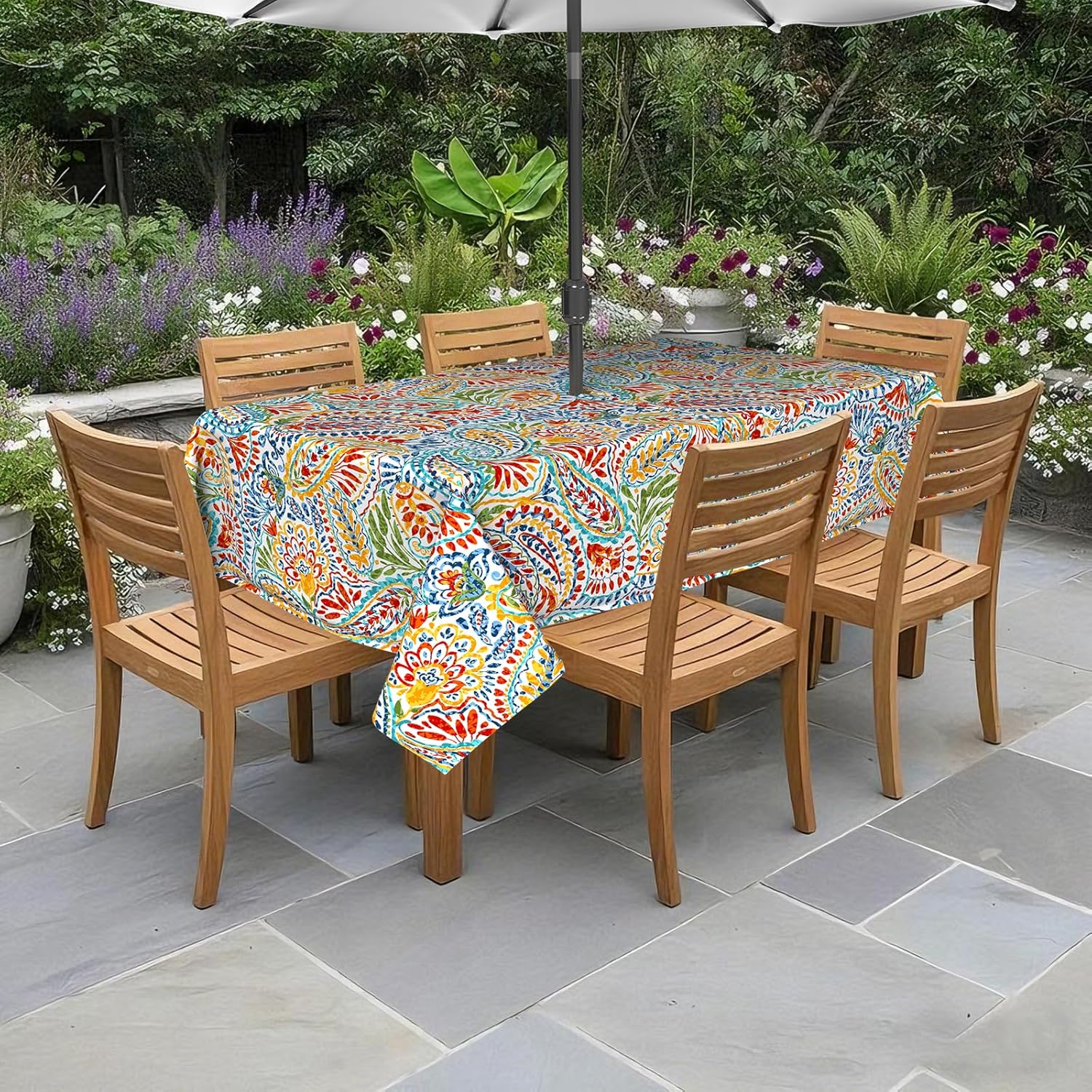 Outdoor Rectangle Tablecloth with Umbrella Hole and Zipper 84" x 60", Water Repellent Floral Picnic Cover, Fade & Wrinkle Resistant Tablecloth for Patio/Garden/Party Table, Paisley Multi