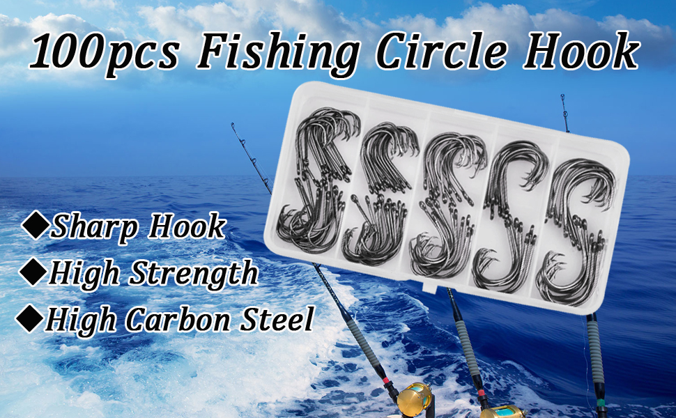 JSHANMEI Circle Hooks Set - High Carbon Steel Saltwater Fishing Hooks, 100pcs (Sizes 1/0 To 5/0)