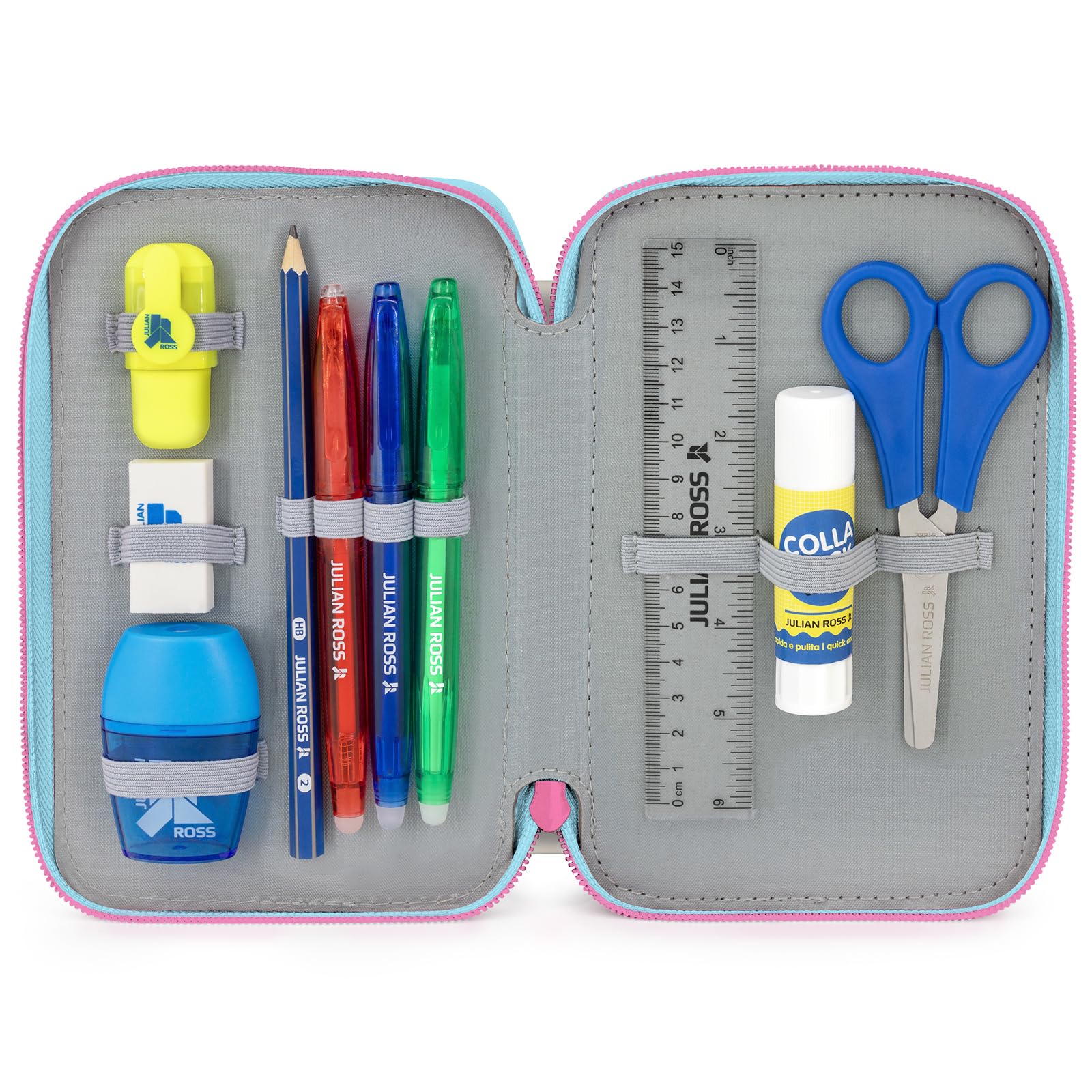 Clondo Astuccio Scuola 3 Scomparti Completo 46 Accessori Bambini Kit Cancelleria