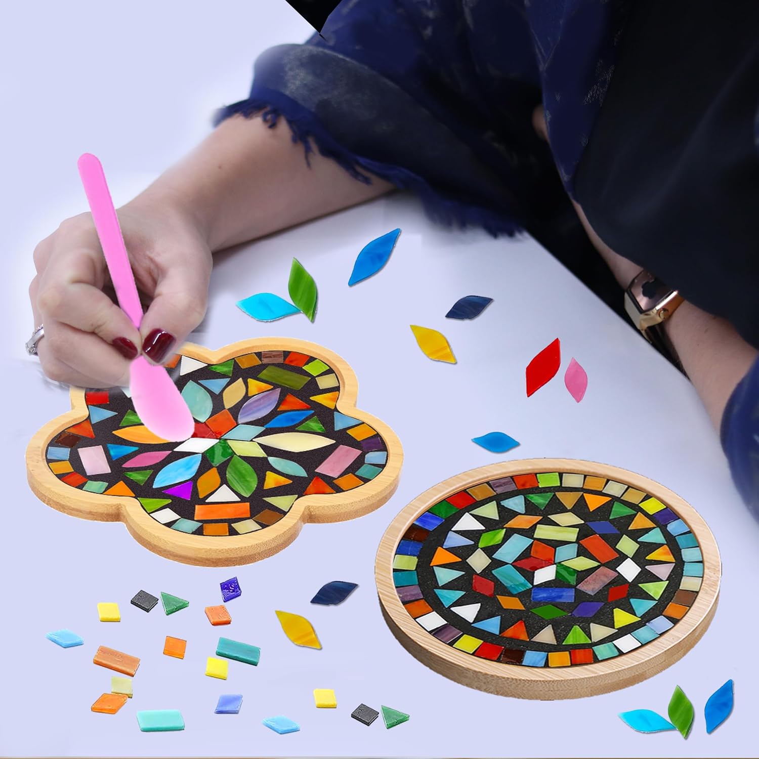 DIY Mosaic Craft Kit for Adults,Stained Glass Kits Mosaics Tiles for Crafts with Large Wooden Coaster Making Materials Package,Mosaic Ceramic Supplies for Women Beginners Handmade Decor Gifts
